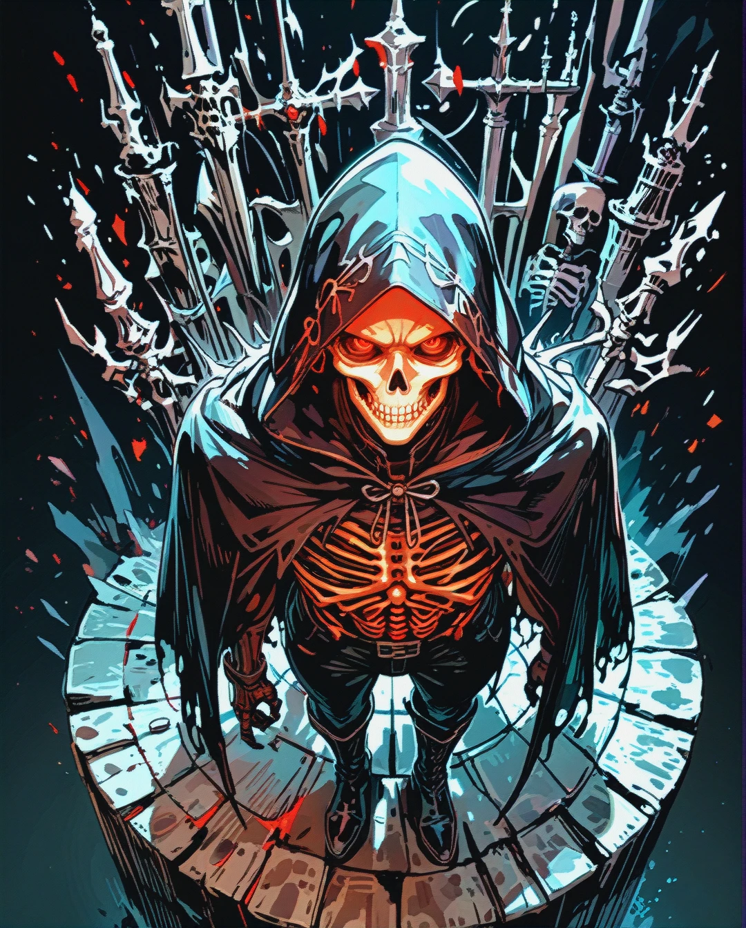 Skeleton. (solo_focus) Dark castle, black background, no light Dark fur cloak, hood, black pants, boots, red glowing eyes