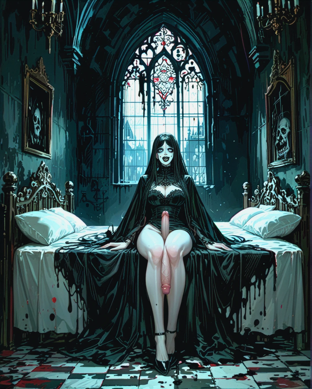 horror, nightmare, dark castle, black bed, black background 1 futanari, (full-package_futanari), (solo_focus), (full_body)