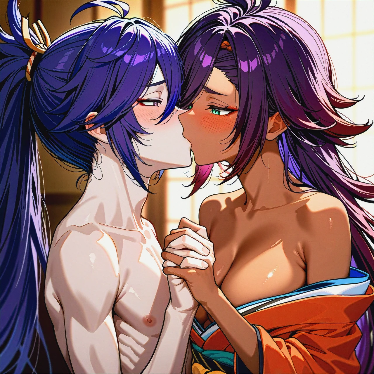 (kissing_neck), genshin impact characters, Banzoin Hakka, dark skin,  boy pale skin, pale boy, boy + girl,  kissing, purple hair , 2nd dark skin girl, (skinny), kimono (kimono_pull), ponitale, banzoin hakka, both visible, (shy), hair, pale male, dark skinned female, blush, (holding_hands), girl with two ponitale, blush girl, very long hair