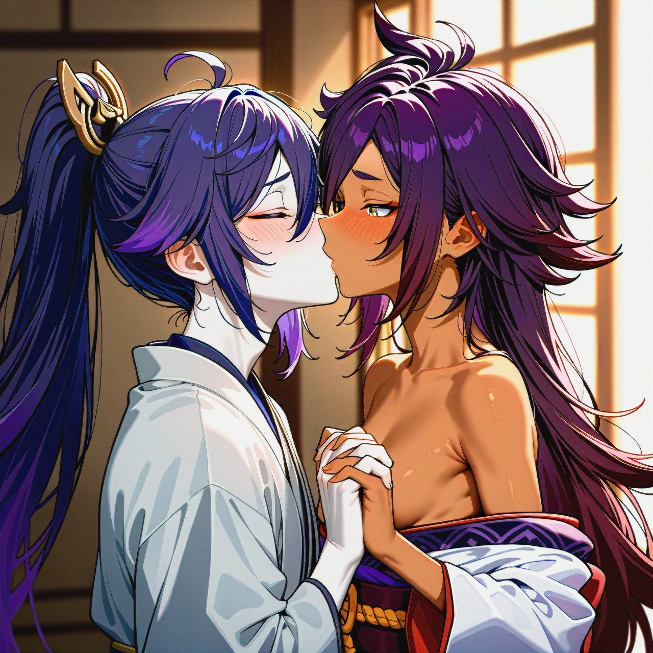 (kissing_neck), genshin impact characters, Banzoin Hakka, dark skin,  boy pale skin, pale boy, boy + girl,  kissing, purple hair , 2nd dark skin girl, (skinny), kimono (kimono_pull), ponitale, banzoin hakka, both visible, (shy), hair, pale male, dark skinned female, blush, (holding_hands), girl with two ponitale, blush girl, very long hair, skinny girl