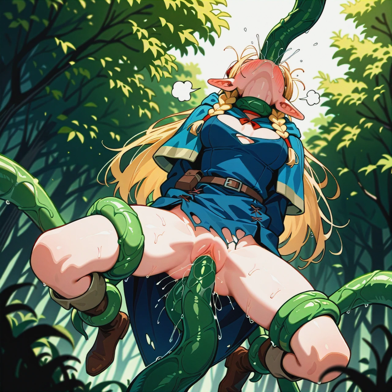 Marcille,  (wide_shot), (dutch_angle), (full_body), (from_below),  (asphyxiation), (suspension),   green_tentacles, (tentacle_sex), (irrumatio), (tentaclejob), plants_tentacles, (tentacles_under_clothes), (gangbang), (vaginal), (deep_penetration), torn_clothing, (double_penetration), anal, torn_blouse, visible_breasts,  (open_mouth), (sigh), (shy), (saliva),  (pain), blushing,  (skinny),