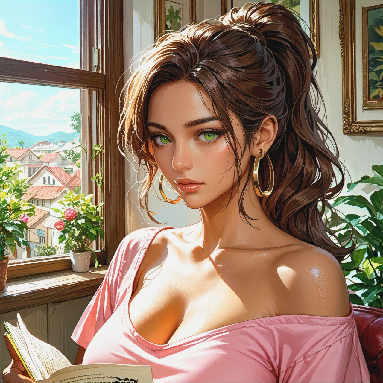 milf, Latina, golden-green eyes, brown hair, ponytail, hoop earrings, brown skin, loose pink crop top, one sleeve off shoulder, no bra, reading business letter, (close-up), thoughtful, home, window