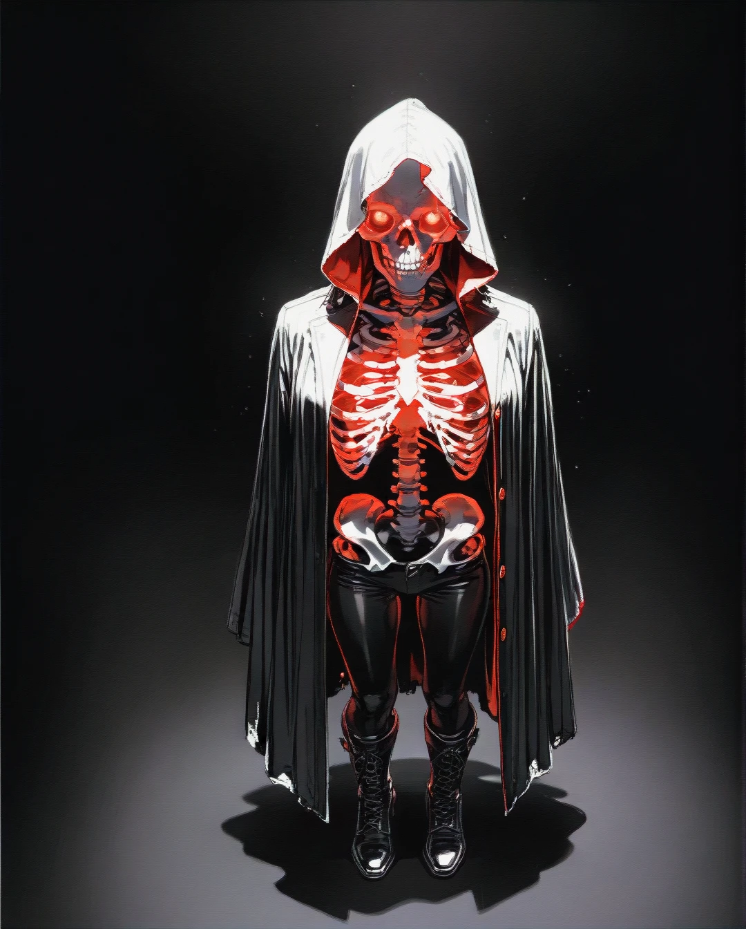 Skeleton. (solo_focus)  black background, no light Dark fur cloak, hood, black pants, boots, red glowing eyes