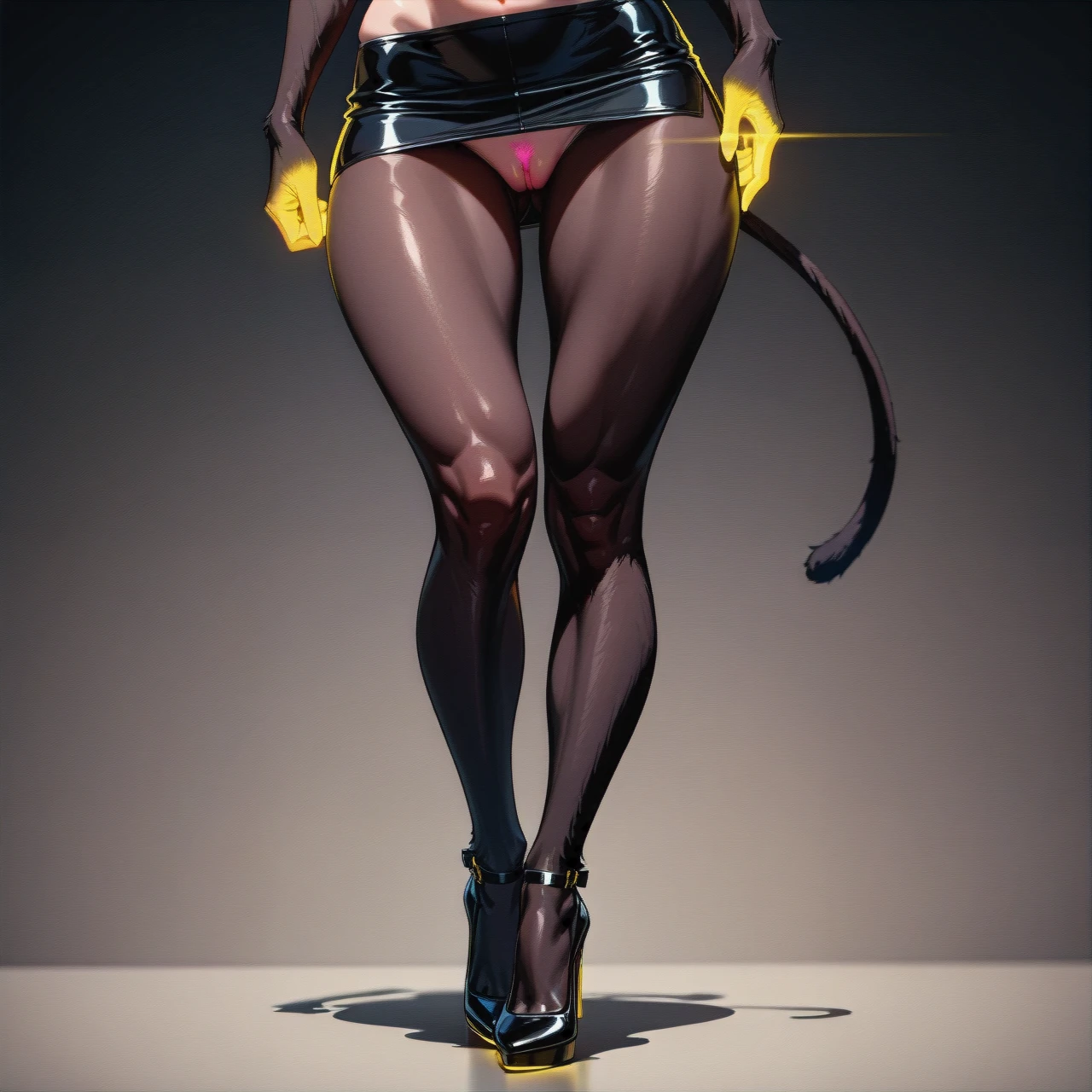 panther beaskin girl, black smooth fur, humanoid form, big breast, very long legs, lean and toned body, yellow glowing eyes, pink nipples, pink pussy, high heels, tight mini skirt