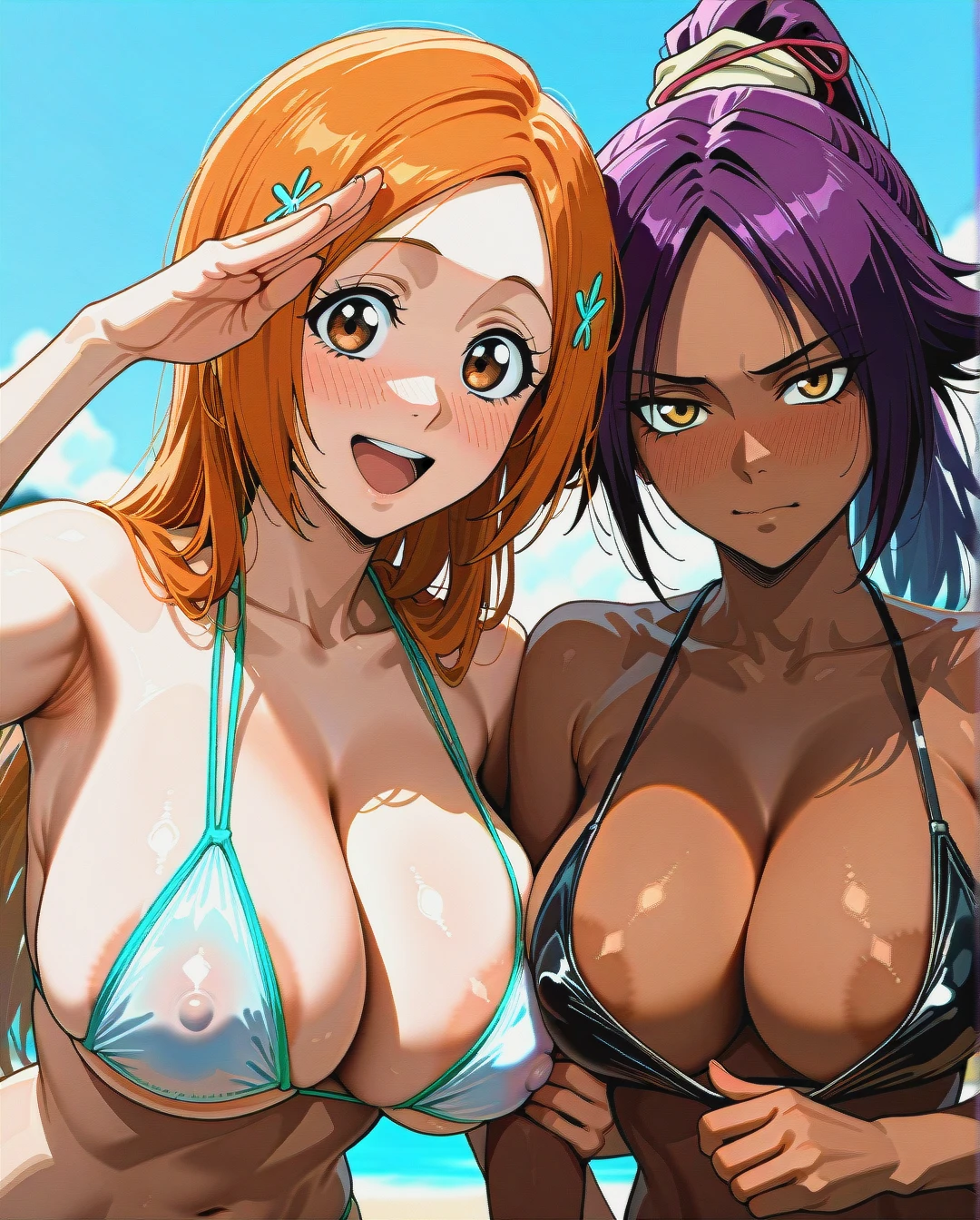 @shihouin_yoruichi and @inoue_orihime - (lesbians) (bisexual_female) (nose_blush) (presenting_breasts) (one_breast_out) (girls_side_by_side) (four_boobs) (pointing_forward) (two-finger_salute) (two_woman's) (arm_hug) (through_clothes) @inoue_orihime with @shihouin_yoruichi-muscles (object_on_pectorals) (bikini_pull) (pulling_each_other_bikinis) (breast_slip) (areola_slip) (breast_slap)