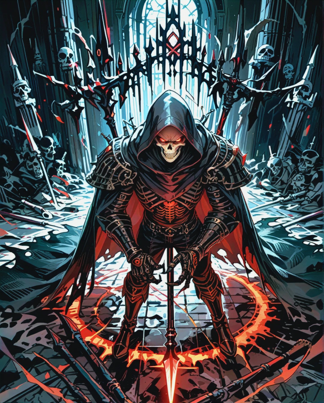 Skeleton. (solo_focus) Dark castle, black background, no light Dark fur cloak, hood, black pants, boots, black armor, spear, red glowing eyes  (angry)