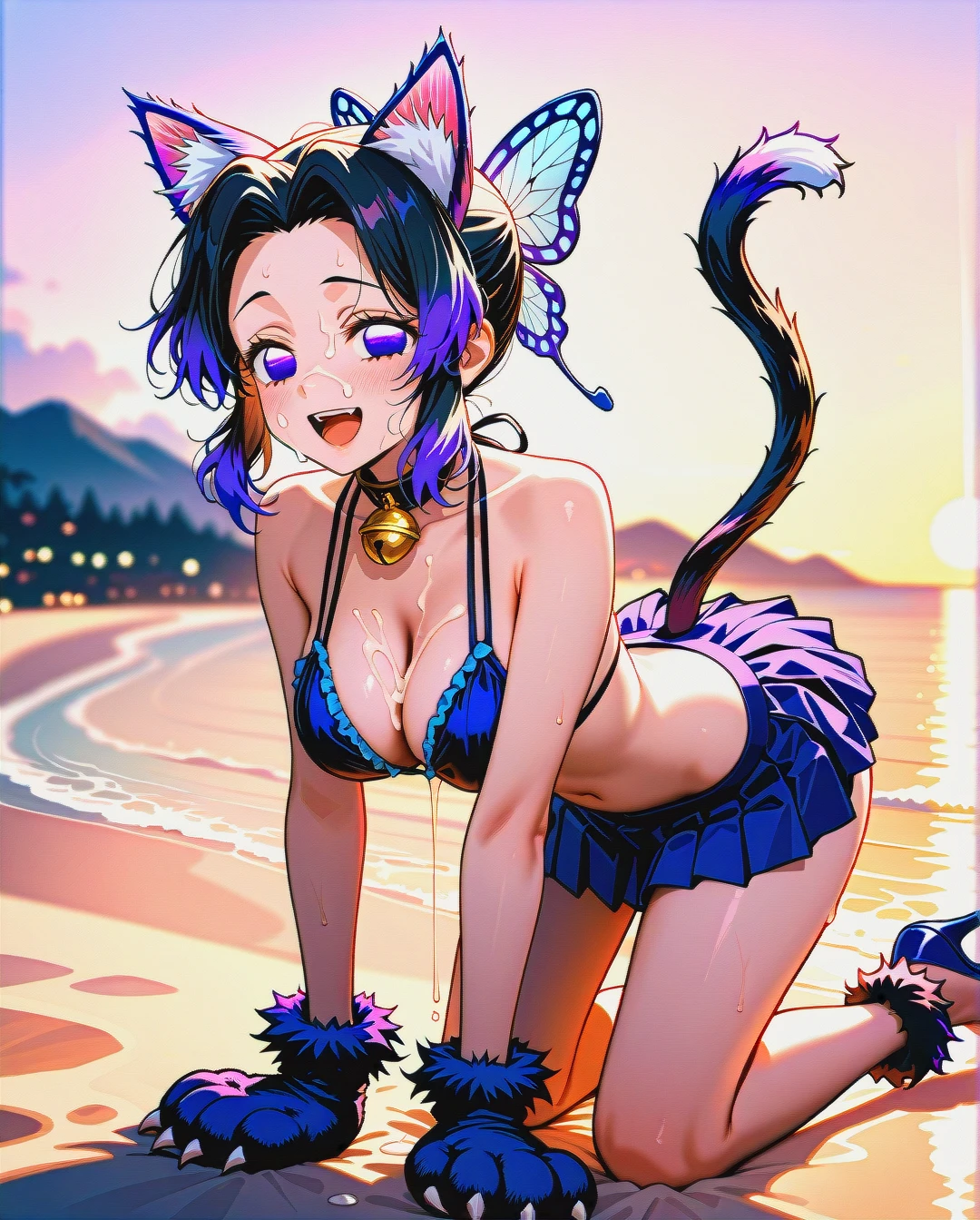 @kochou_shinobu, mischievous look, laughing with open mouth, cat ears, cat paw gloves, cat tail, dressed in bikini and pleated mini skirt, cleavage, on all fours, on the beach, sunset, play of shadows, beautiful lighting, subtle pastel tones, (bukkake),high heels,(sex_from_behind)