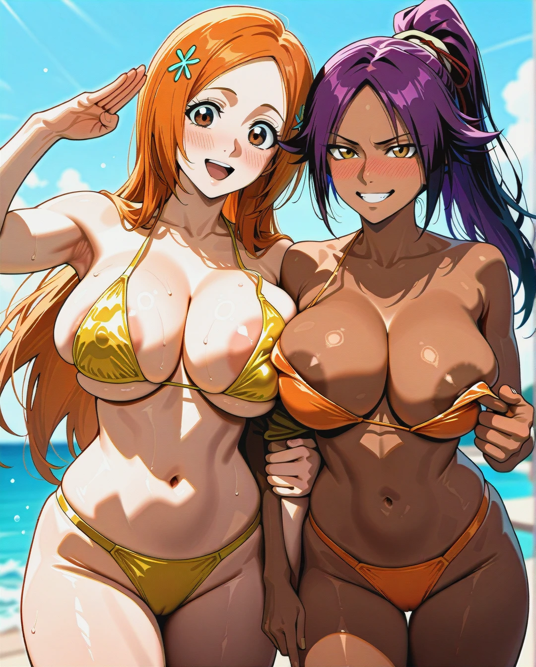 @shihouin_yoruichi and @inoue_orihime - (lesbians) (bisexual_female) (nose_blush) (presenting_breasts) (one_breast_out) (girls_side_by_side) (four_boobs) (pointing_forward) (two-finger_salute) (two_woman's) (arm_hug) (through_clothes) @inoue_orihime with @shihouin_yoruichi-muscles (object_on_pectorals) (bikini_pull) (pulling_each_other_bikinis) (breast_slip) (areola_slip) (breast_slap)