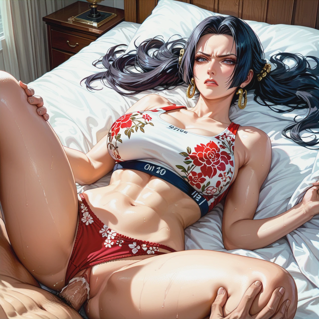 Twintails hairstyle, boa Hancock, mature, angry face,sex on bed , missionary,red white sports bra floral, red white floral panties,