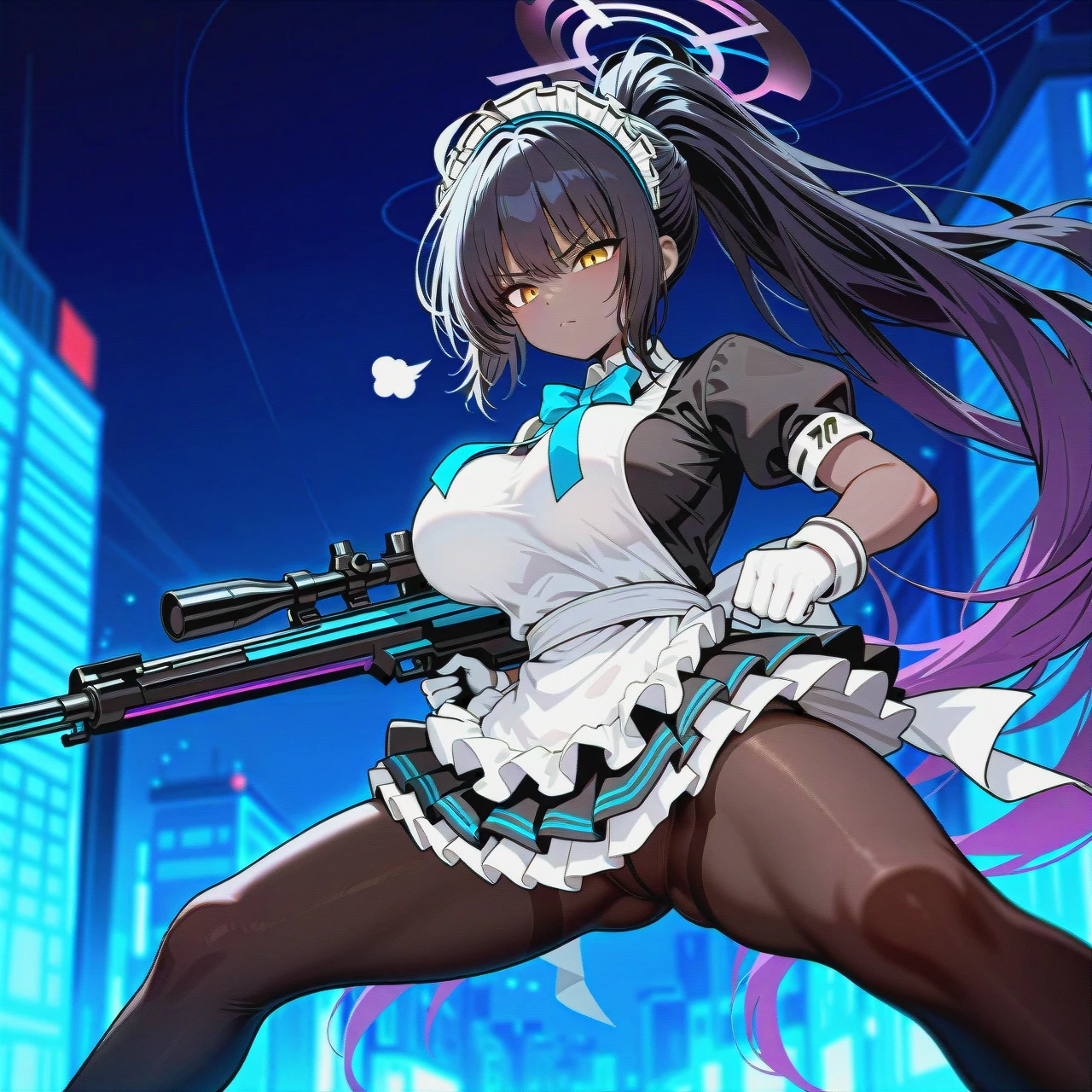 @karin_blue_archive, breasts covered by clothes, big breasts, dark_skin, maid_outfit, at night on city street, angry, (sigh), black_pantyhose, face in frame, ponytail, (fighting_stance), holding a rifle