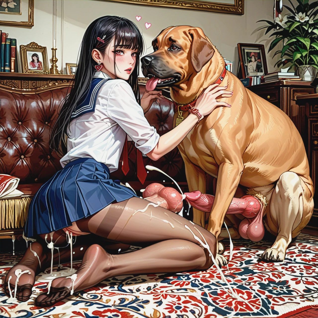 collaborative, korean, adorable face, skinny, hairy armpits, long legs, flat chested, schoolgirl uniform, foot, pantyhose, back yard, feral dog, sex with canine, big cock, big knot, big balls, cumming, in love, hearts, zoophilia