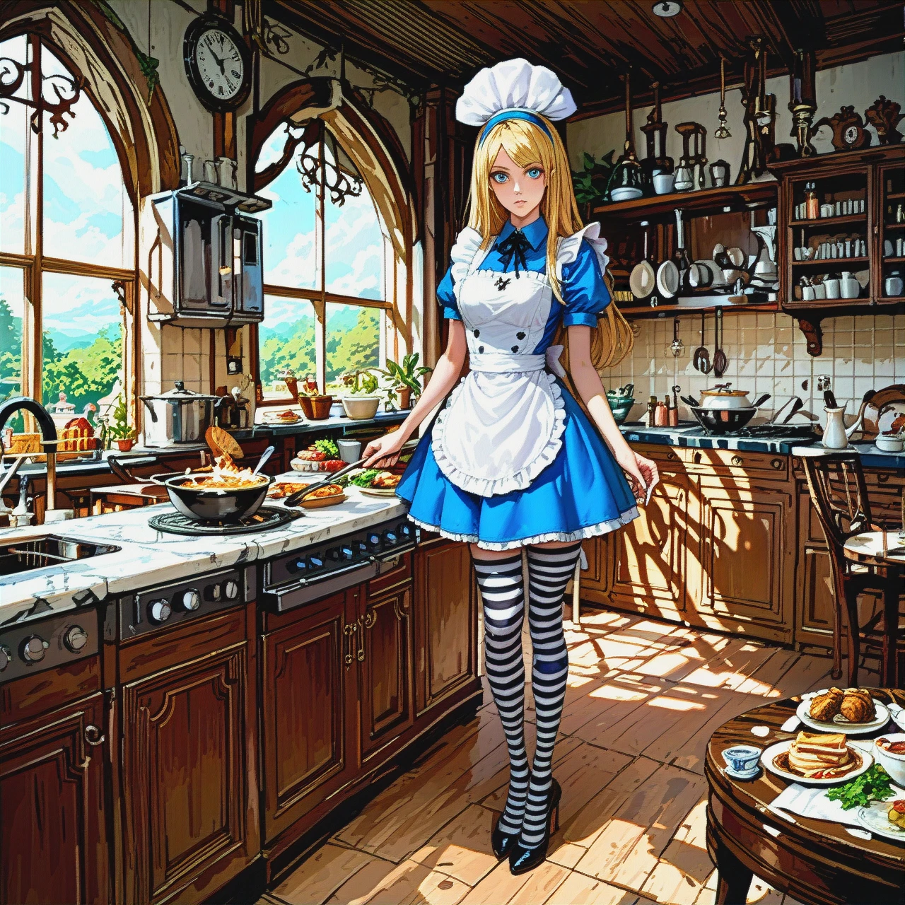 @alice   stands, naked, cooking, striped stockings, high heels, chef's hat, restaurant kitchen.