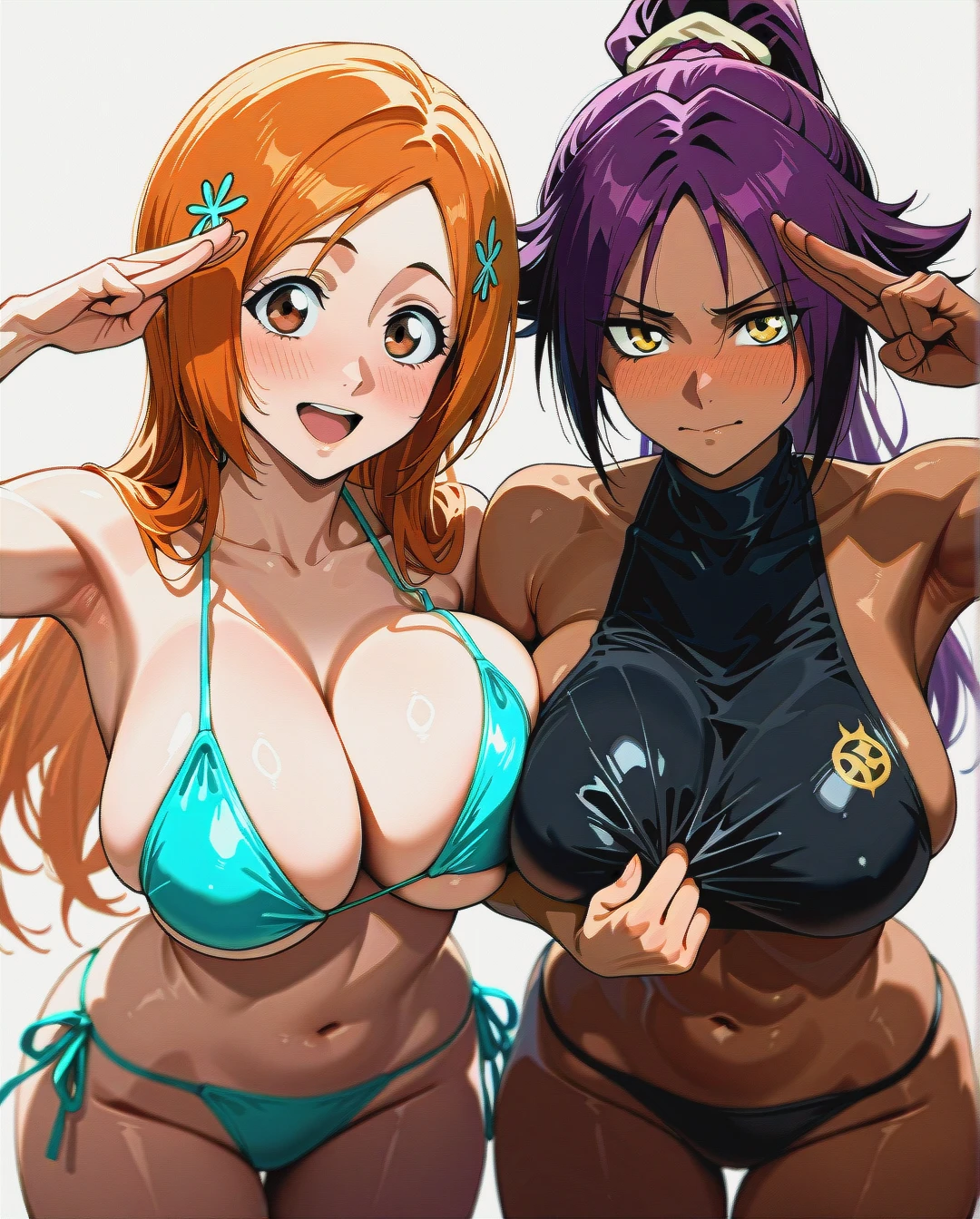 @shihouin_yoruichi and @inoue_orihime - (lesbians) (bisexual_female) (nose_blush) (presenting_breasts) (one_breast_out) (girls_side_by_side) (four_boobs) (pointing_forward) (two-finger_salute) (two_woman's) (arm_hug) (through_clothes) @inoue_orihime with @shihouin_yoruichi-muscles (object_on_pectorals) (bikini_pull) (pulling_each_other_bikinis)