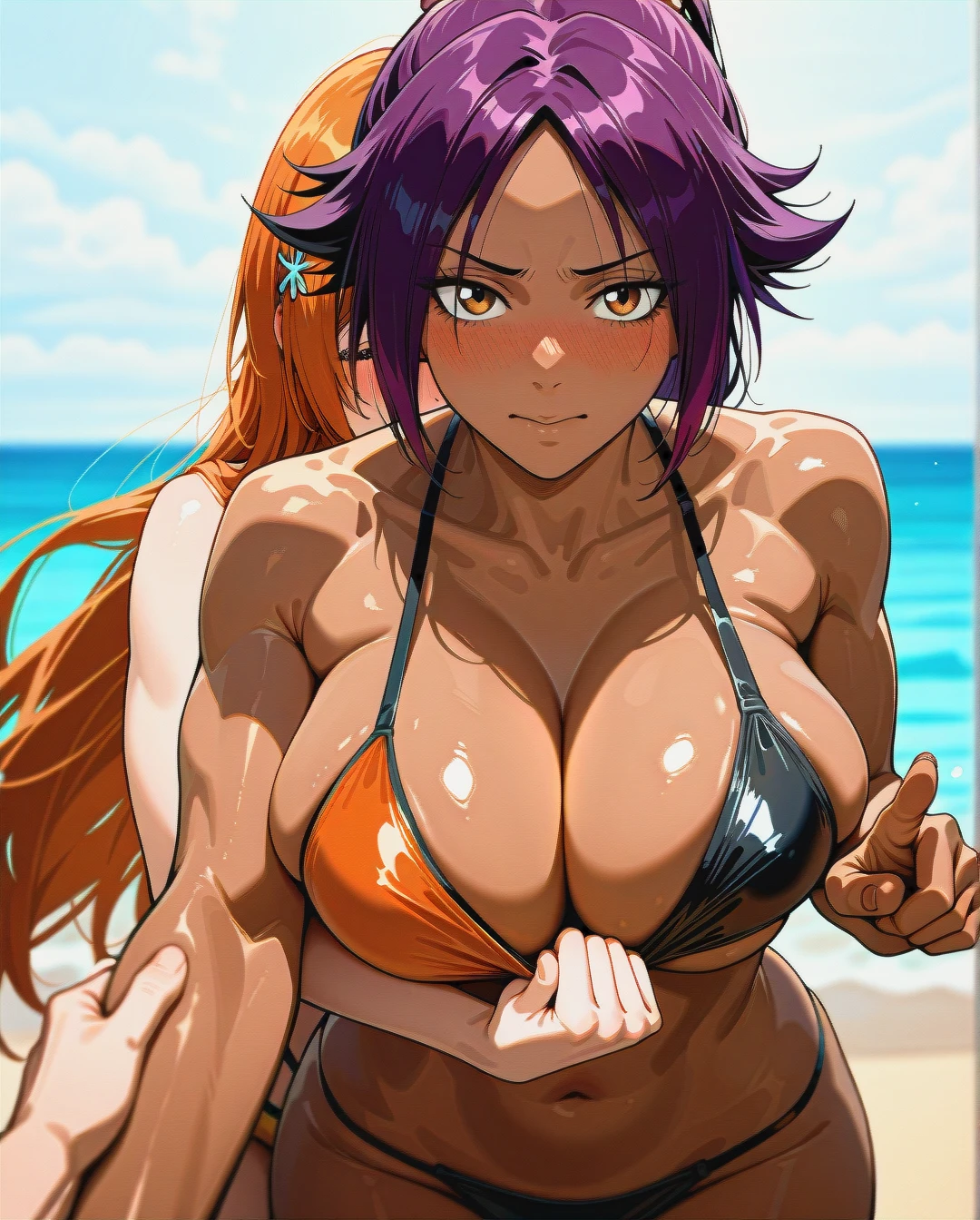 @shihouin_yoruichi and @inoue_orihime - (lesbians) (bisexual_female) (nose_blush) (presenting_breasts) (one_breast_out) (girls_side_by_side) (four_boobs) (pointing_forward) (two-finger_salute) (two_woman's) (arm_hug) (through_clothes) @inoue_orihime with @shihouin_yoruichi-muscles (object_on_pectorals) (bikini_pull) (pulling_each_other_bikinis)