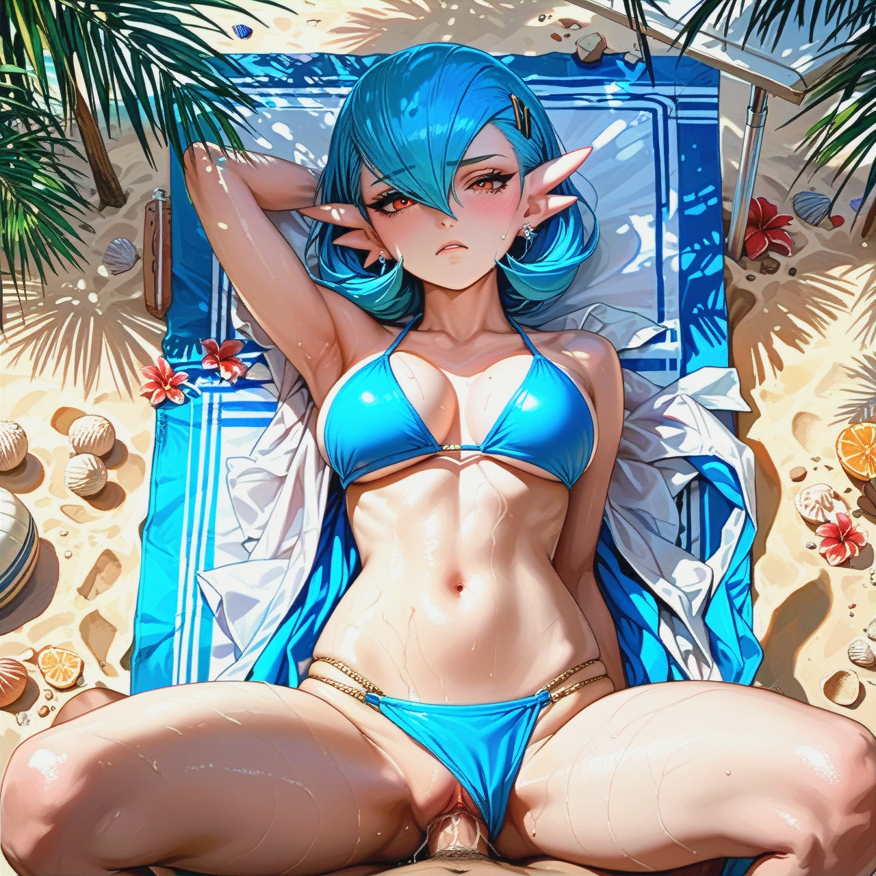 Gardevoir, blue bikini,no pant underwear solo, beach, bored expression,, (navel_sex) , 1boy