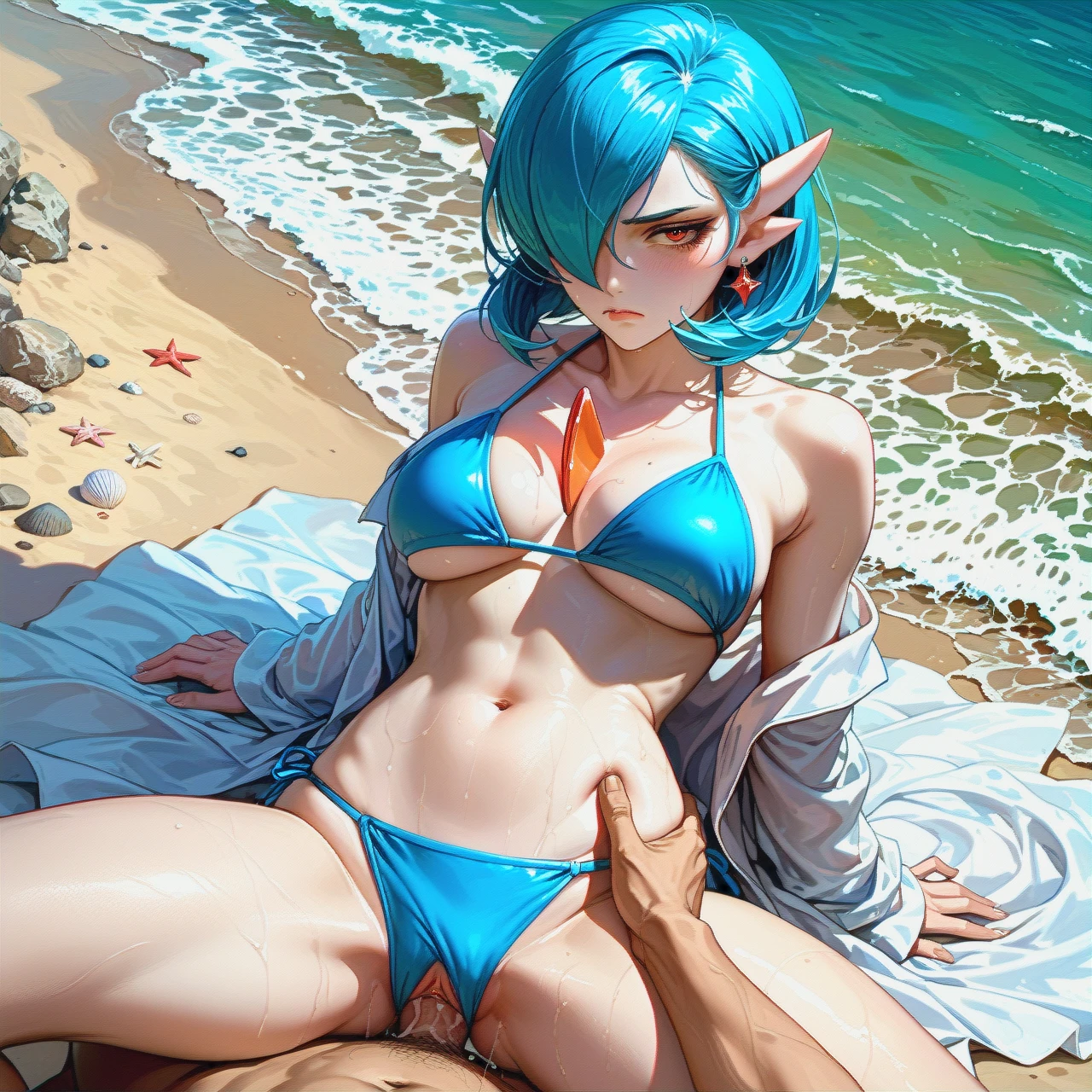 Gardevoir, blue bikini, solo, beach, bored expression,, (navel_sex) , 1boy