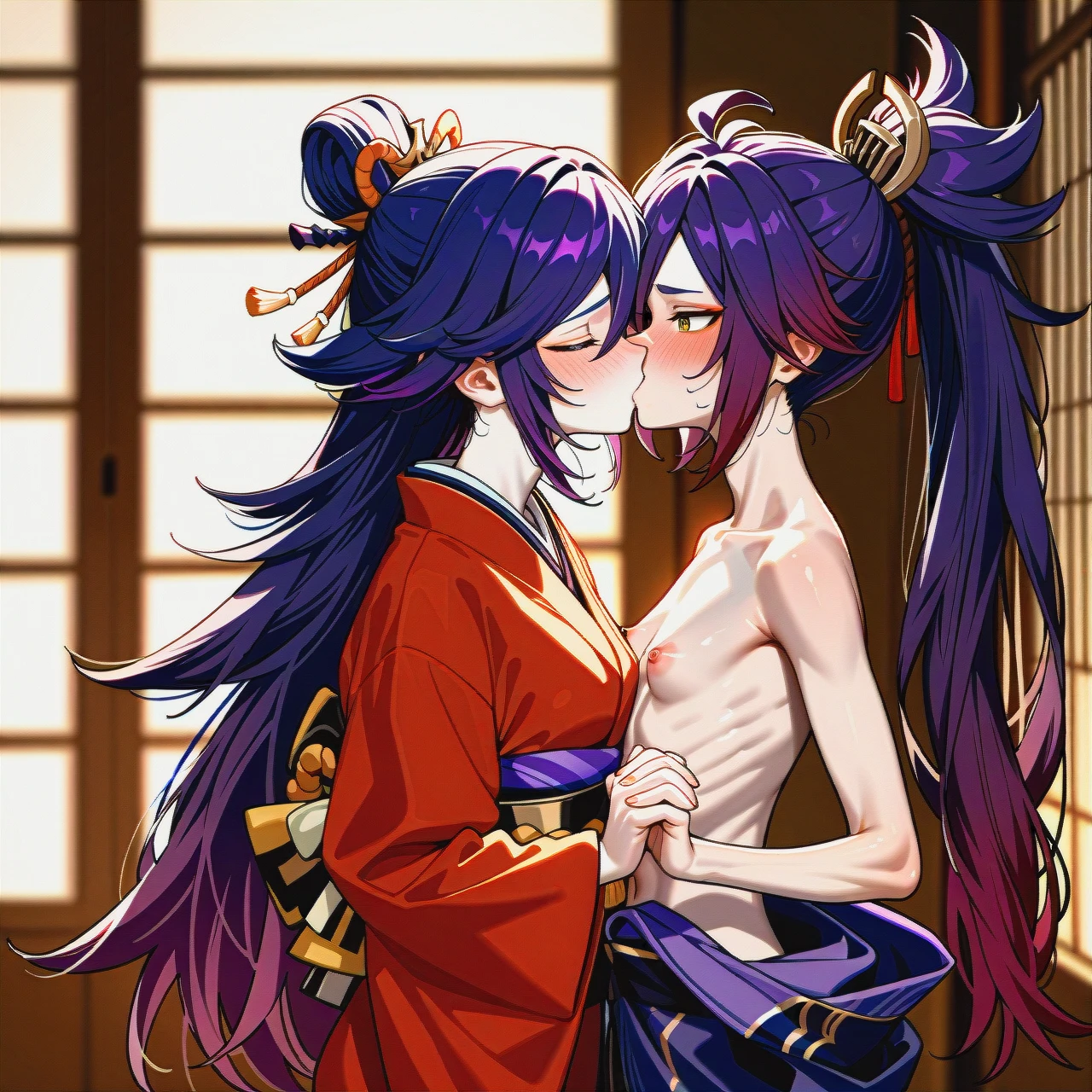 (kissing_neck), genshin impact characters, Banzoin Hakka, dark skin,  boy pale skin, pale boy, boy + girl,  kissing, purple hair , 2nd dark skin girl, (skinny), kimono (kimono_pull), ponitale, banzoin hakka, both visible, (shy), hair, pale male, dark skinned female, blush, (holding_hands), girl with two ponitale, blush girl, very long hair, skinny girl, (presenting)