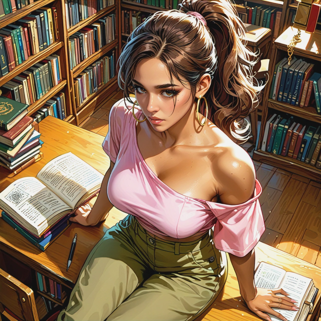 milf, Latina, brown hair, ponytail, hoop earrings, brown skin, loose pink crop top, one sleeve off shoulder, (no_bra), olive cargo pants, sitting at desk in library, studying books (from_above)