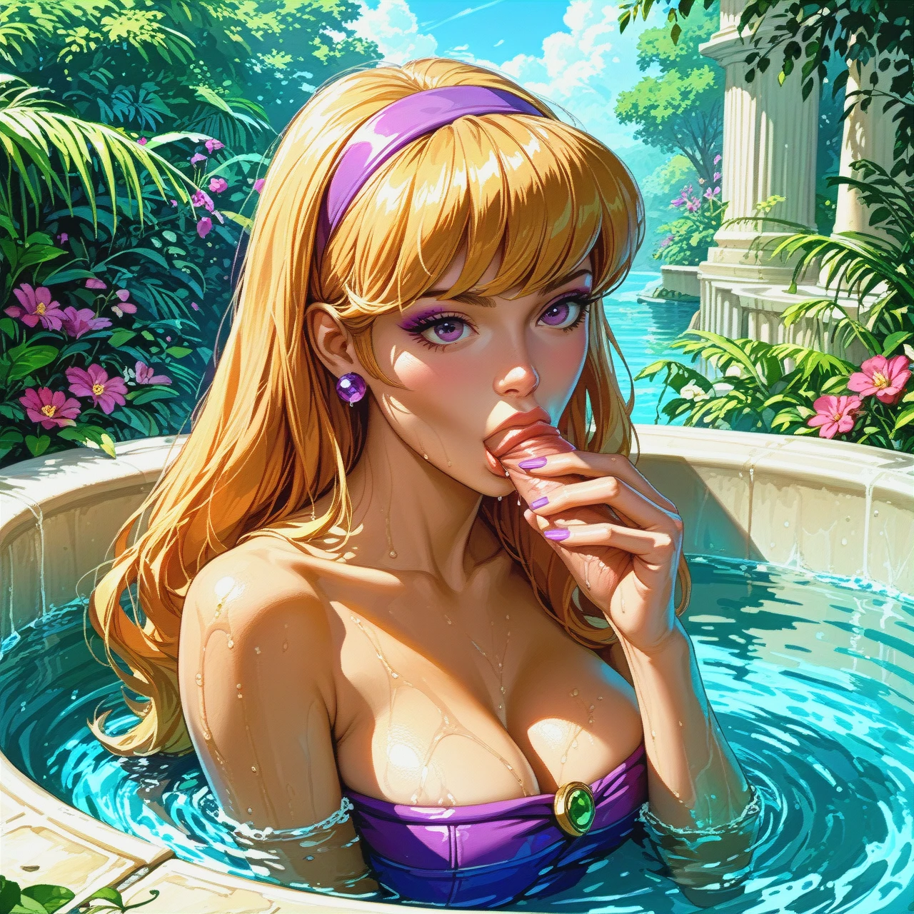 @daphne_blake, blonde, (fellatio), lovely face, beautiful, natural beauty, tan skin, sitting in water, sitting in bath,