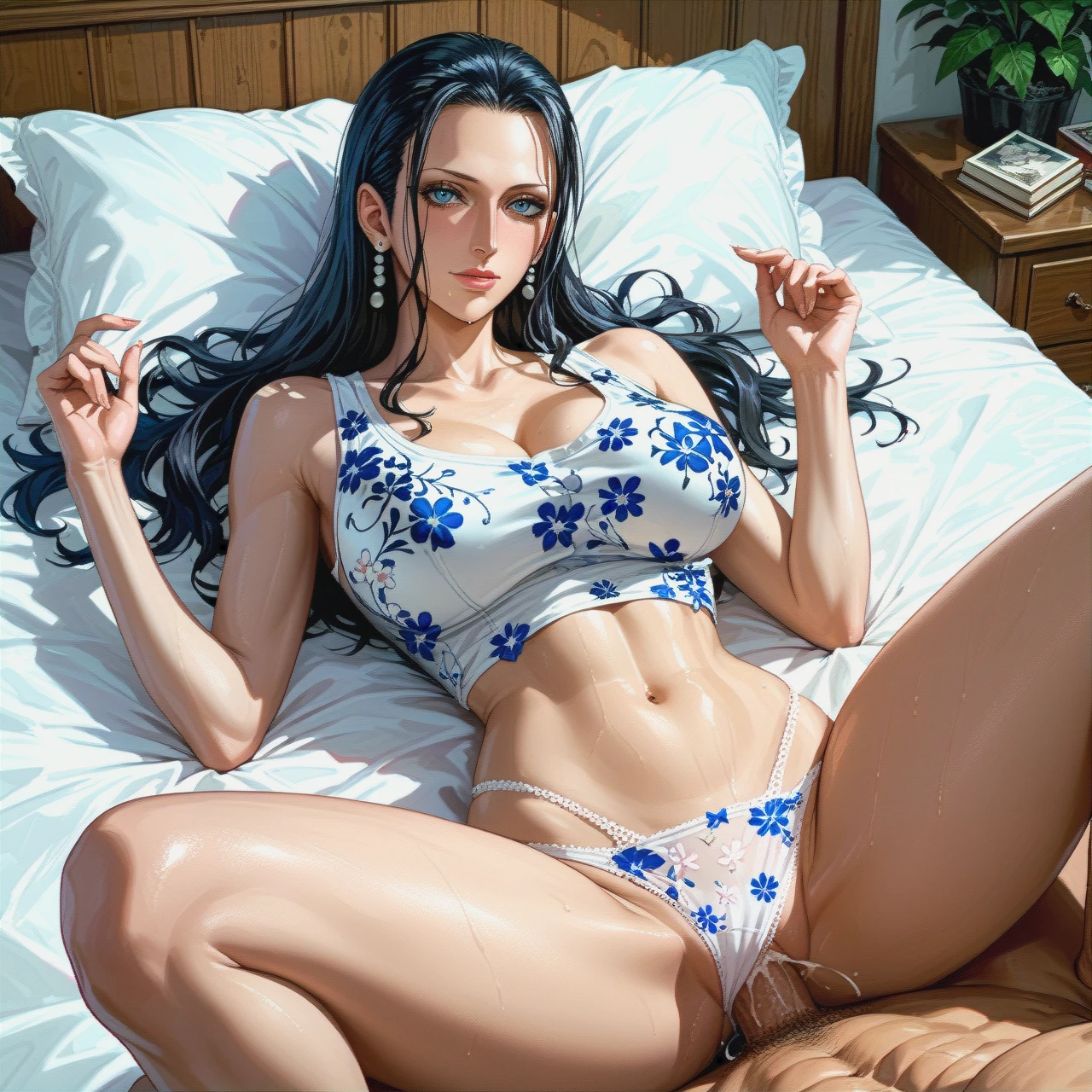 Nico Robin,mature, missionary ,on bed, crop tank top white floral, panties,floral