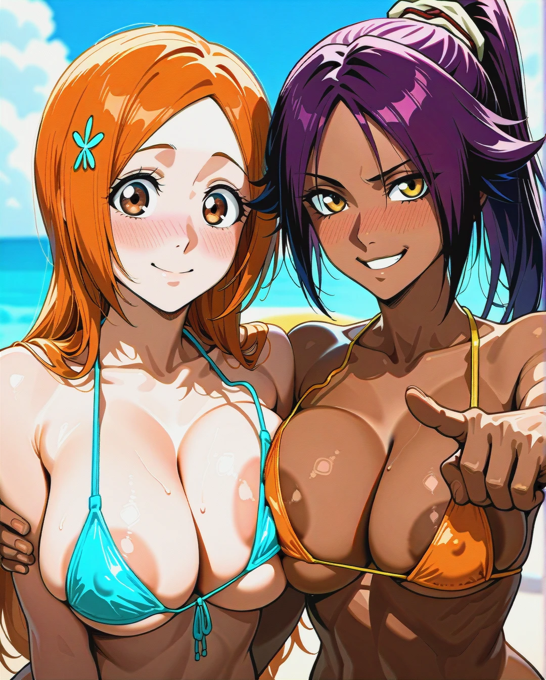 @shihouin_yoruichi and @inoue_orihime - (lesbians) (bisexual_female) (nose_blush) (presenting_breasts) (one_breast_out) (girls_side_by_side) (four_boobs) (pointing_forward) (vulcan_salute) (two_woman's) (arm_hug) (through_clothes) @inoue_orihime with @shihouin_yoruichi-muscles (object_on_pectorals) (bikini_pull) (pulling_each_other_bikinis) (breast_slip) (areola_slip) (breast_slap)