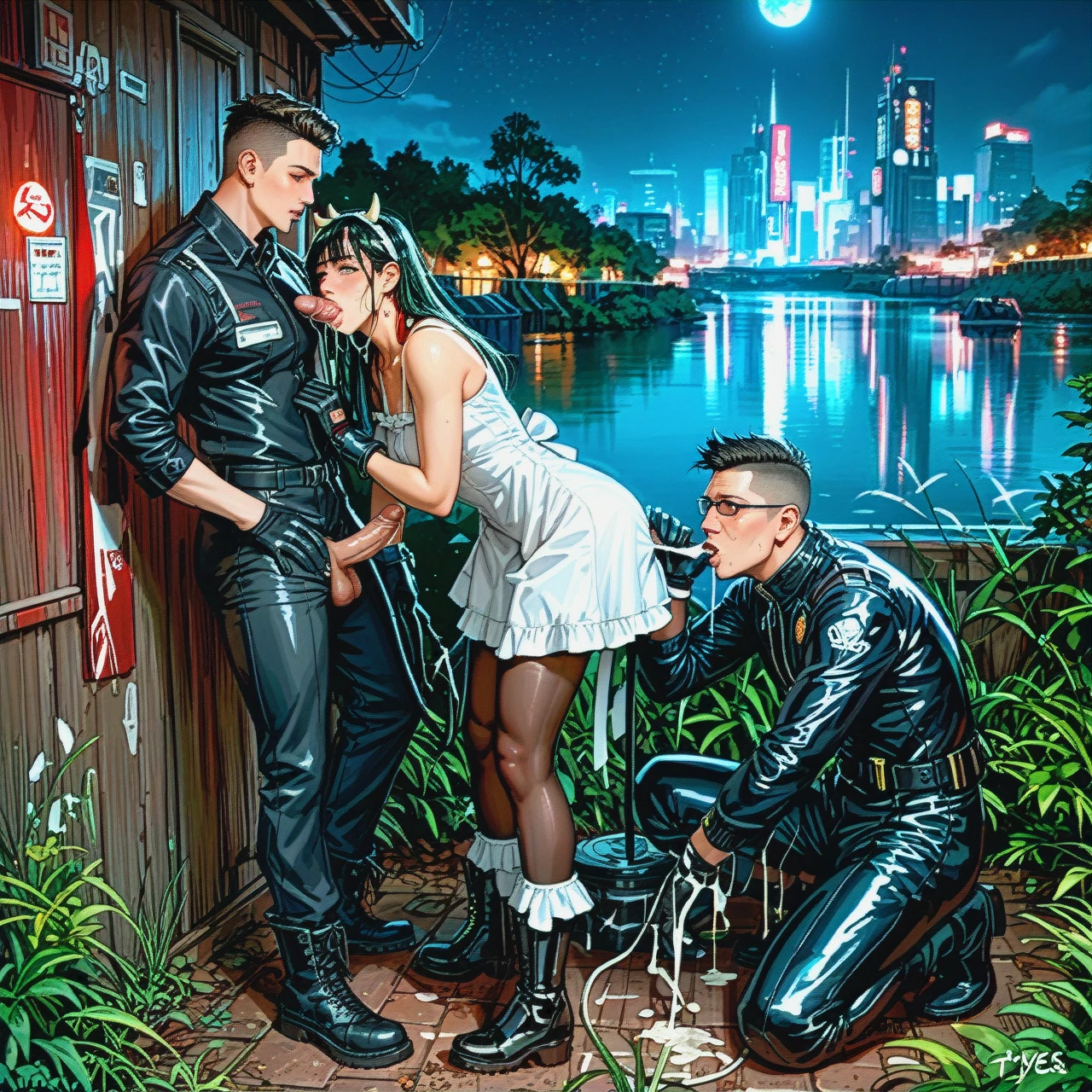 threesome,1girl,2boy, threesome,1girl,2boy blowjob, stroking, cum_on hair, after_anal,balls_on nose,futanari, sundress,socks,gloves,pantieseyes,boots, cow_costume,black_pantyhose,rings,bodysuit, at_the river, cyberpunk, ultradetailed, dark_night