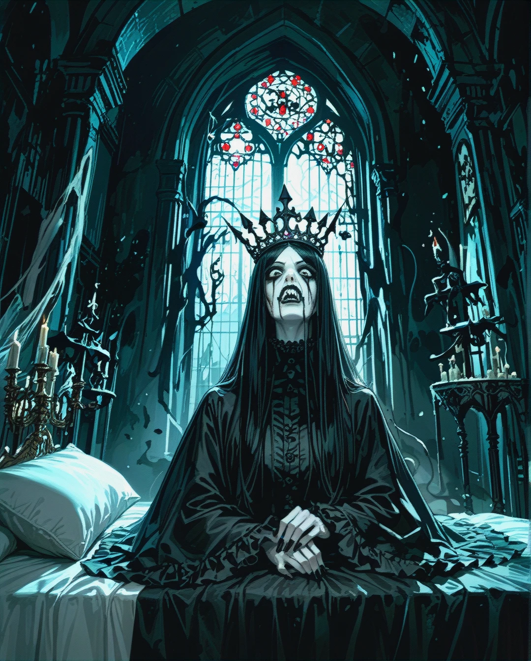 horror, nightmare, dark castle, black bed, black background 1 futanari, ghost