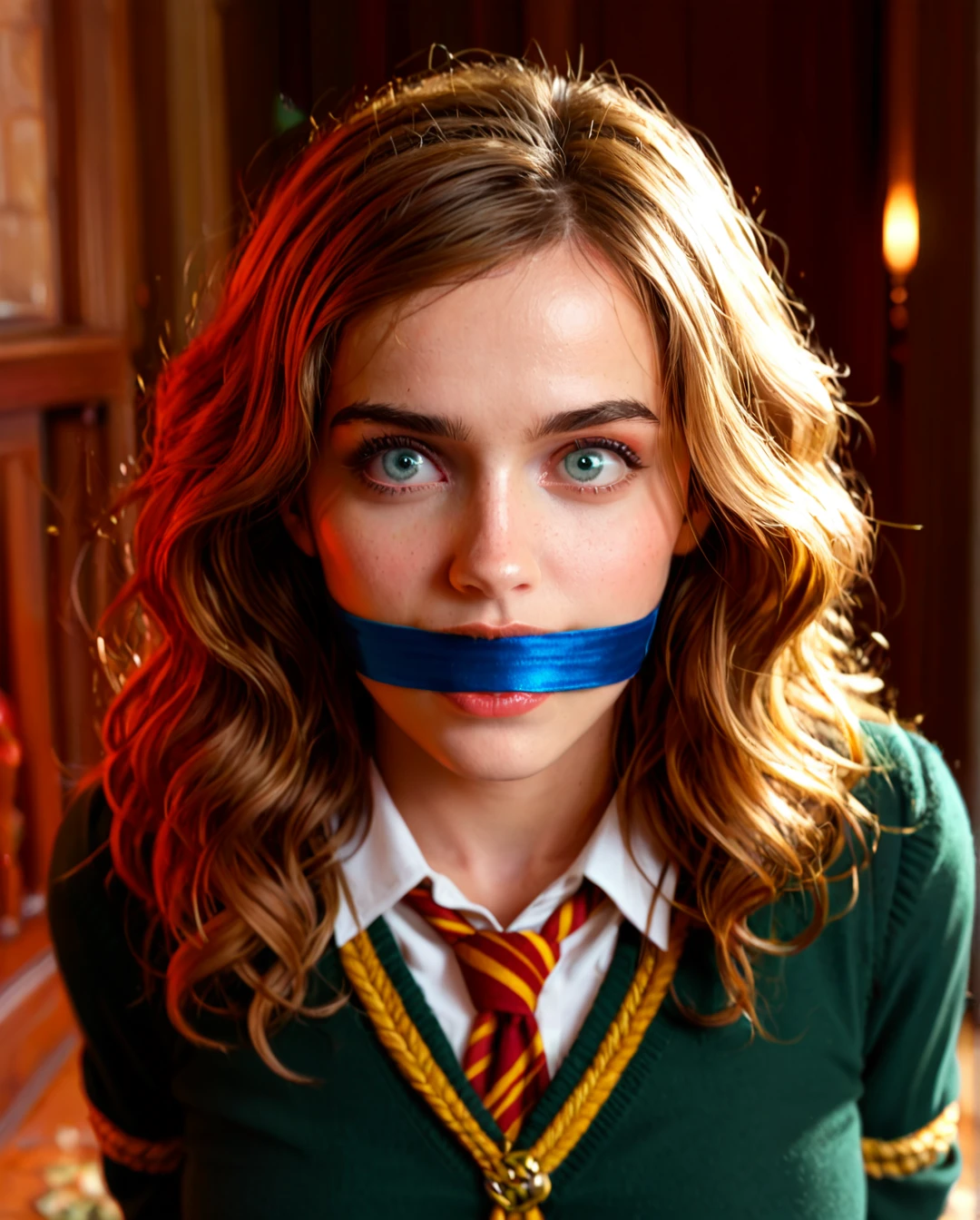 4K, 8K, 1girl, , , , @hermione_granger, Hogwarts uniform, long skirt, stockings, (confused), (wide-eyed), , , , (on_stomach), (bondage), hogtied, (arms_behind_back), huge gag, perfect feet, , , , soles focus, ((face view))