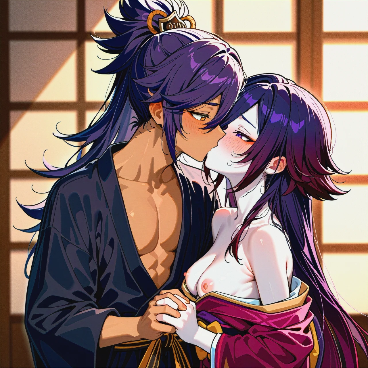 (kissing_neck), genshin impact characters, Banzoin Hakka, dark skin,  boy pale skin, pale boy, boy + girl,  kissing, purple hair , 2nd dark skin girl, (skinny), kimono (kimono_pull), ponitale, banzoin hakka, both visible, (shy), hair, pale male, dark skinned female, blush, (holding_hands), girl with two ponitale, blush girl, very long hair