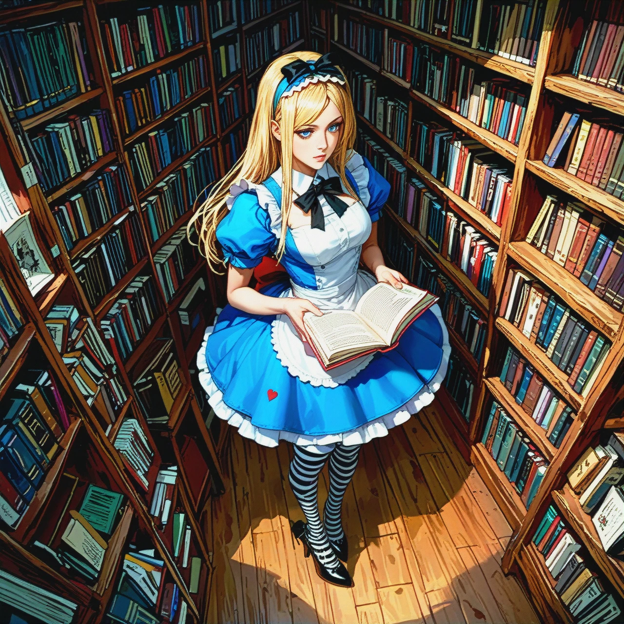 @alice  stands naked, reading a book, striped stockings,high-heeled shoes, library, top view.