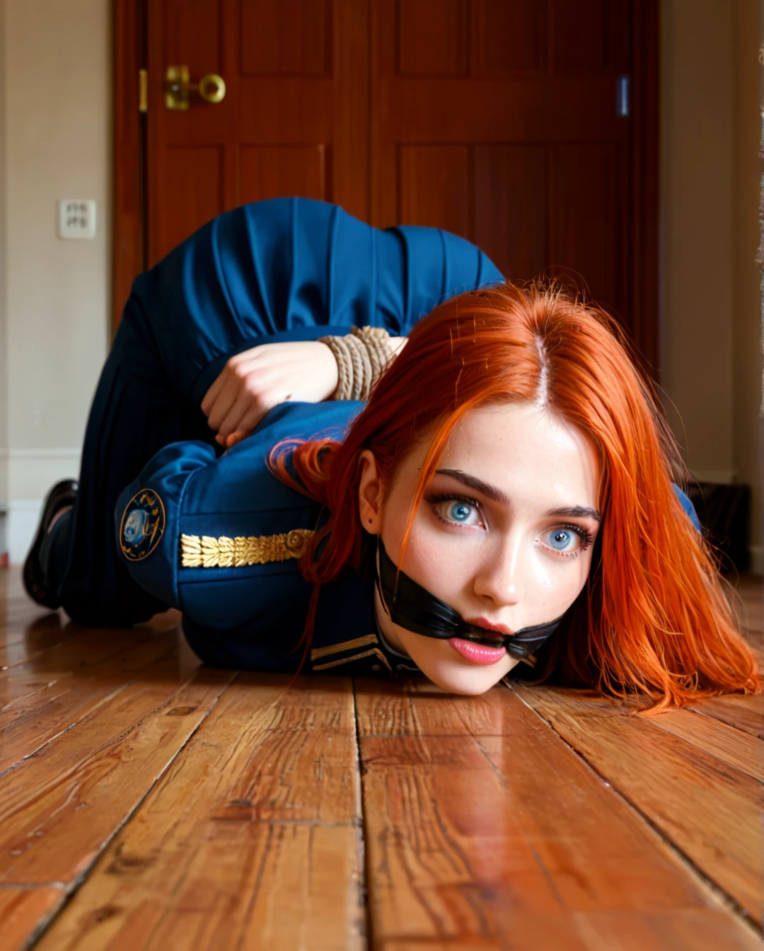 4K, 8K, 1girl, , , , skinny pale redhead teen , uniform, long skirt, stockings, (confused), (wide-eyed), , , , (on_stomach), (bondage), hogtied, (arms_behind_back), huge gag, perfect feet, , , , (top-down_bottom-up), ((face view))