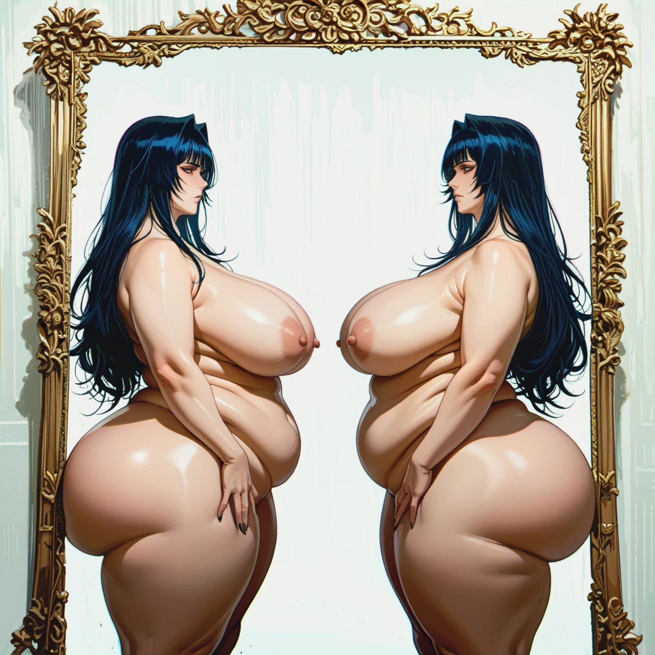 @ulquiorra_cifer as a female , nude, gigantic ass side view obese gigantic boobs, standing in front of mirror , long straight hair