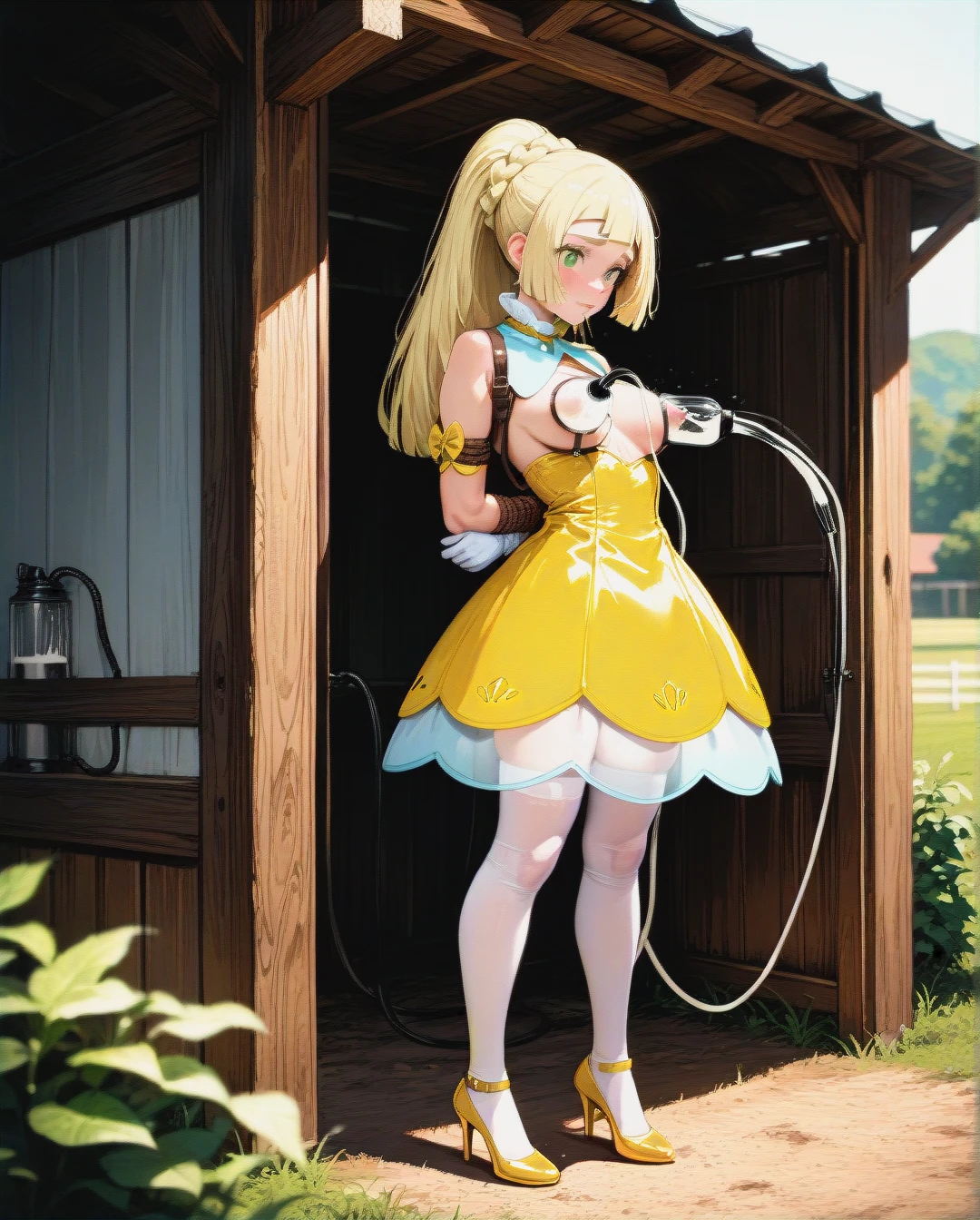 @lillie,stockings,high heels,yellow dress,gloves,lactating,milking machine,tied arms,in farm,aheago