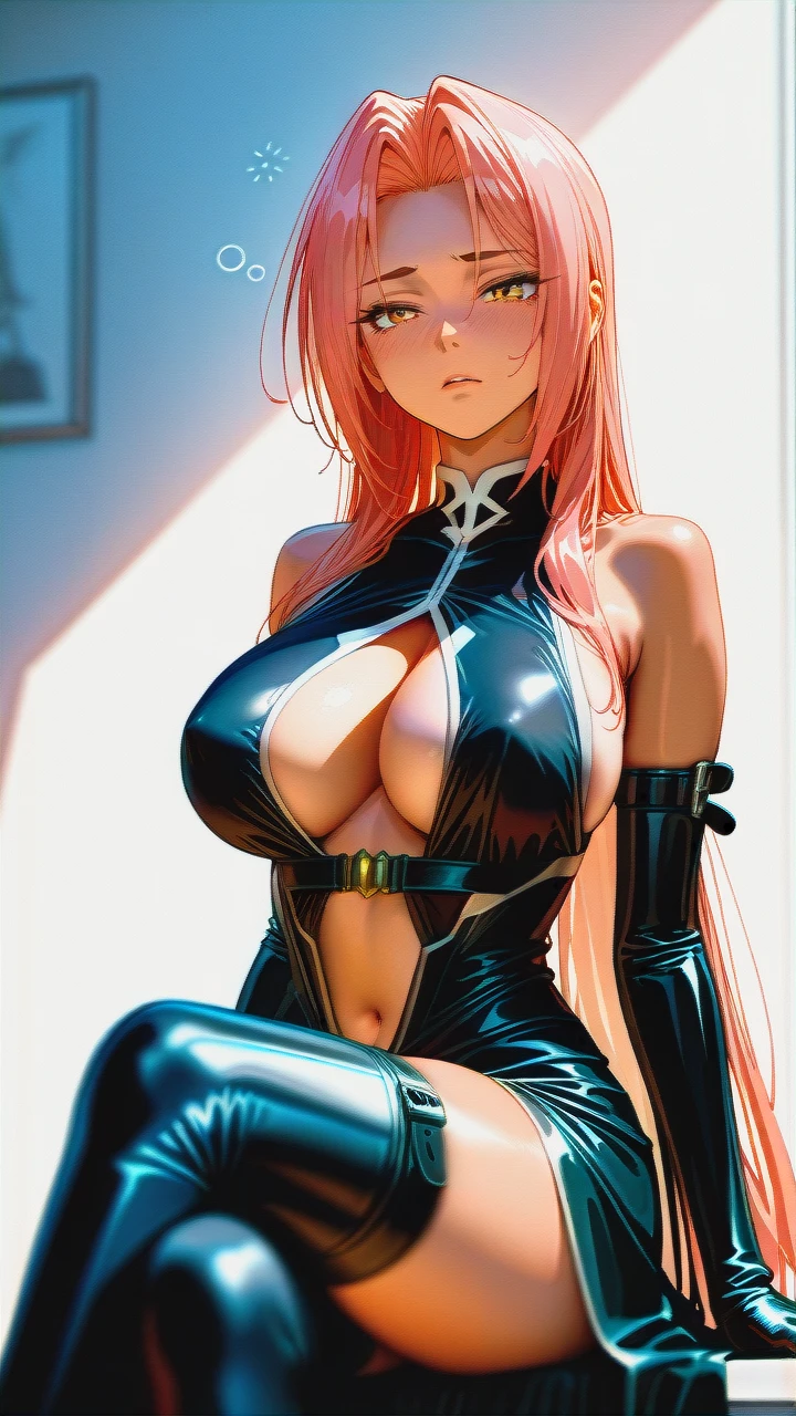 (serious) (nervous) (parted_lips) (clothes_pull) (cleavage_cutout) (arms_crossed) (Gothic) (skinny) (twisted_torso) (through_clothes) (seductive_sitting) (looking_to_the_side) (open_dress) (strapbelts) (strap_between_breasts) (strap_gap) (see_trough_vagina) (breast_slip) (after_sex) (sleepy) (tired) @ingrid_(taimanin) /brown_skin_girl/ (thick_thighs) (crossed_legs)