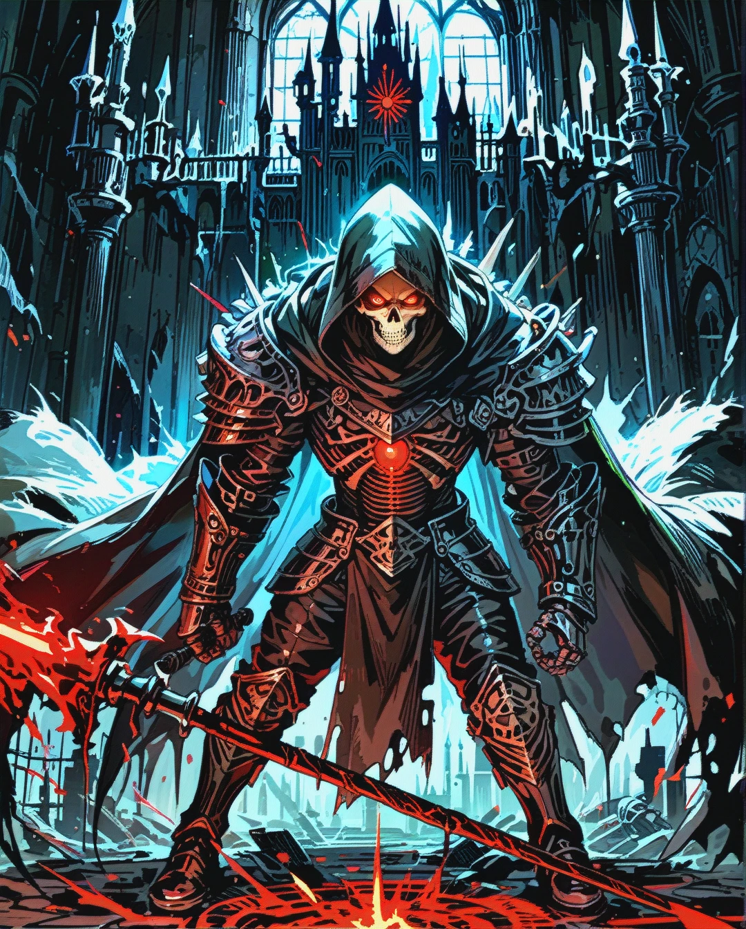 Skeleton. (solo_focus) Dark castle, black background, no light Dark fur cloak, hood, black pants, boots, black armor, spear, one red glowing eye (angry)