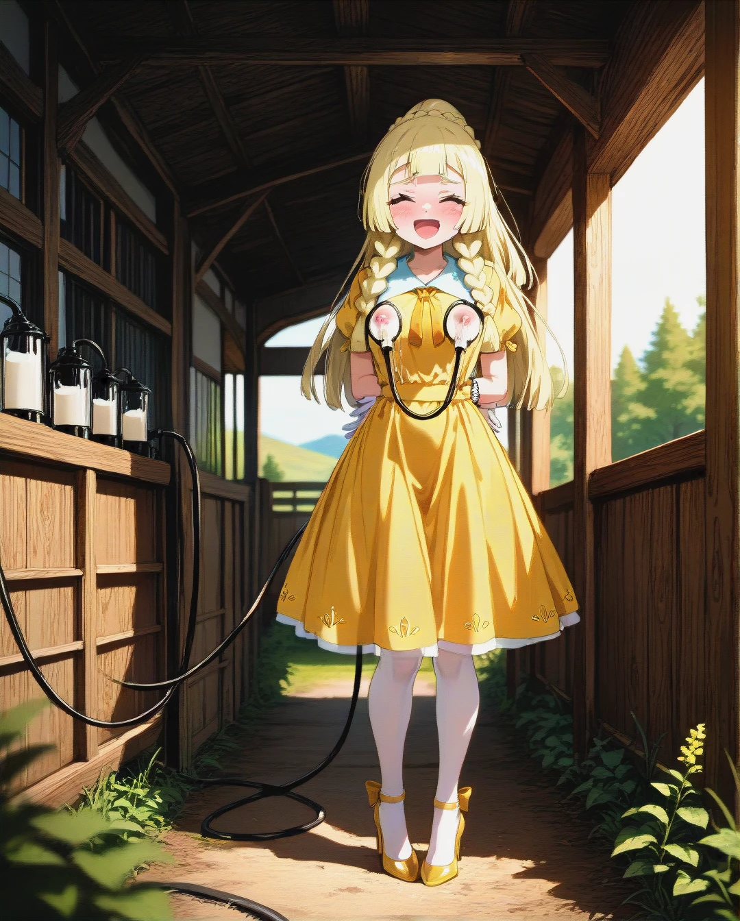 Lillie,stockings,high heels,yellow dress,gloves,lactating,milking machine,tied arms,in farm,aheago,laughing