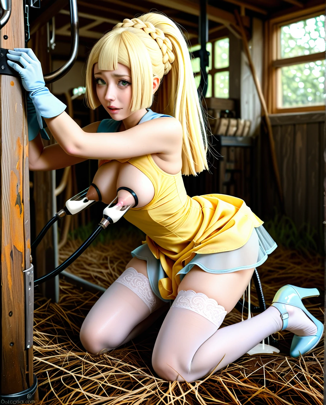 @lillie,stockings,high heels,yellow dress,gloves,lactating,milking machine,tied arms,in farm,aheago