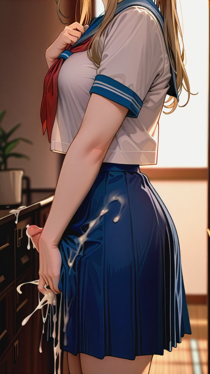 2girls,@lum,|,@belldandy, penis, balls, (hand_on_own_chest), sailor_school_uniform, clothed, (cum_on_clothes), (skirt_lift)(futa_with_male), (male_futanari)