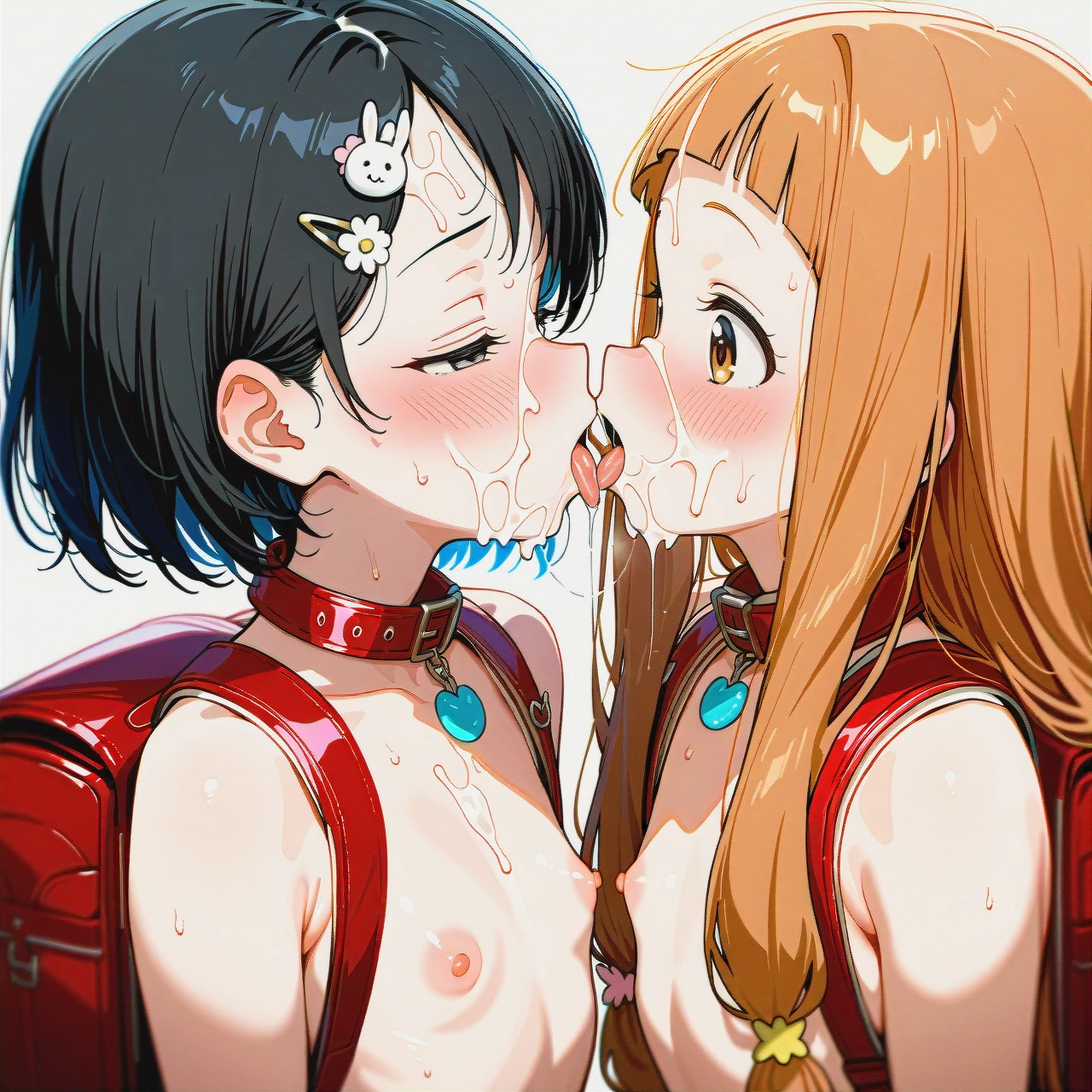 (cum),(facial),(tongue), (saliva),kissing,(blush),naked, collar, red_backpack, (flat_chest),sweat,(happy),@ichihara_nina, @sasaki_chie