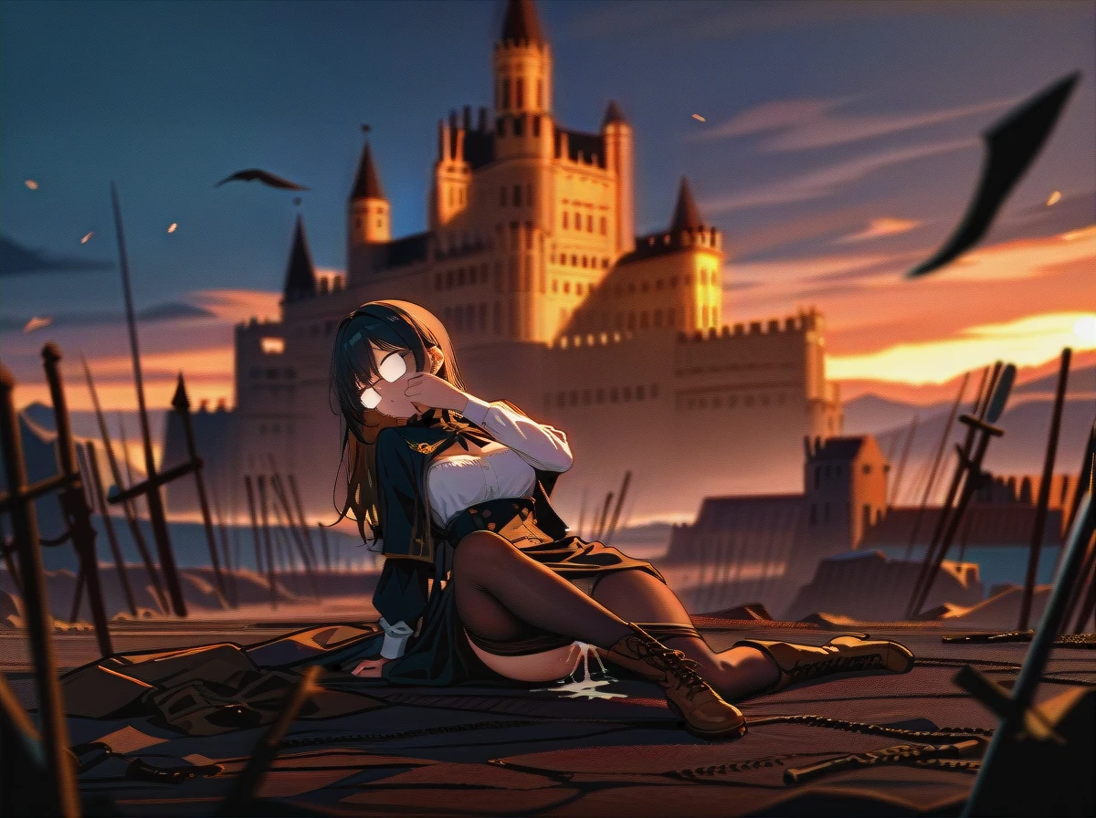 1girl,solo, a girl 2_women blowjob, kissing, cum_on body, penish,dark_pupils,medium_chest,from_waist up, pantyhose_pull,opaque_glasses,panties_aside,brown_boots, battlefield, castle_exterior, anime, bright_day, dynamic