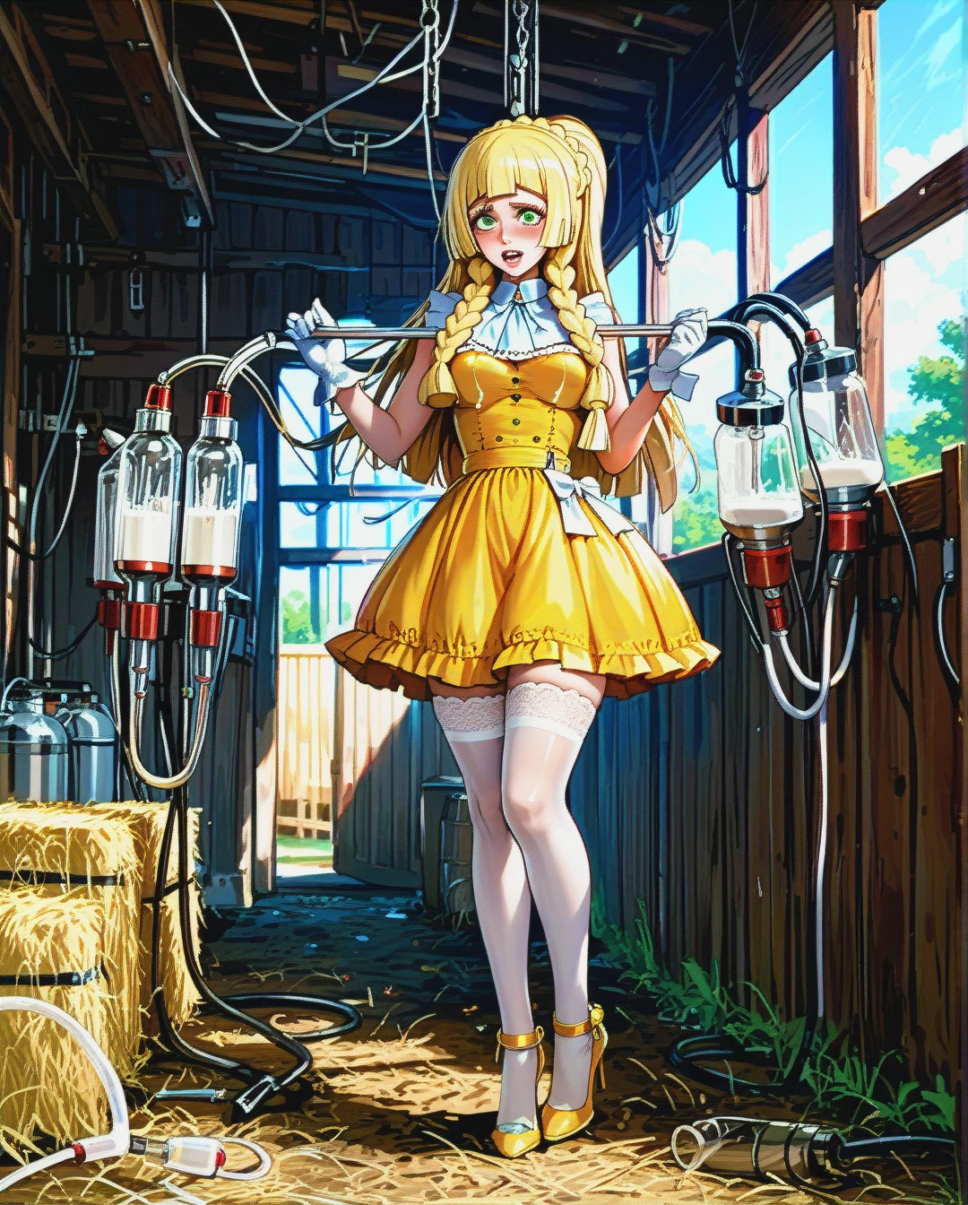 @lillie,stockings,high heels,yellow dress,gloves,lactating,milking machine,tied arms,in farm,aheago