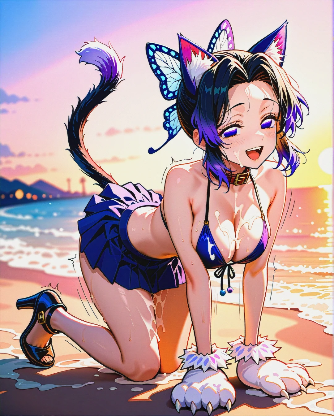 @kochou_shinobu, mischievous look, laughing with open mouth, cat ears, cat paw gloves, cat tail, dressed in bikini and pleated mini skirt, cleavage, on all fours, on the beach, sunset, play of shadows, beautiful lighting, subtle pastel tones, (bukkake),high heels,(sex)