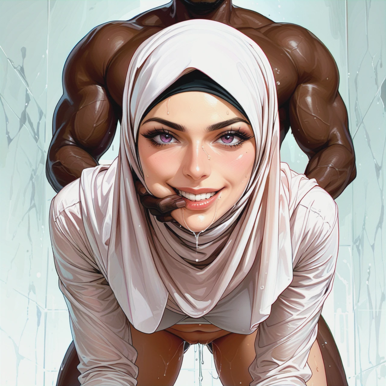 Hijab girl , fucked silly from behind,standing Doggystyle,looking at viewer,smirk,wet pussy,interracial,front view,grabbing mouth