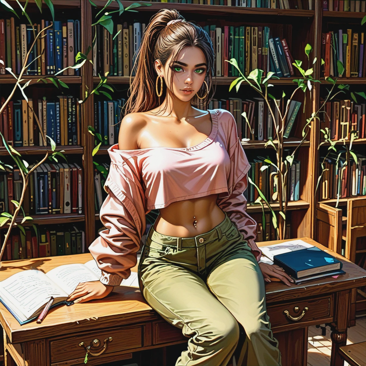 student, Latina, exotic face, golden-green eyes, brown hair, ponytail, hoop earrings, brown skin, loose pink crop top, one sleeve off shoulder, (no_bra), navel piercing, olive cargo pants, library, sitting at desk, full body shot (looking_afar)