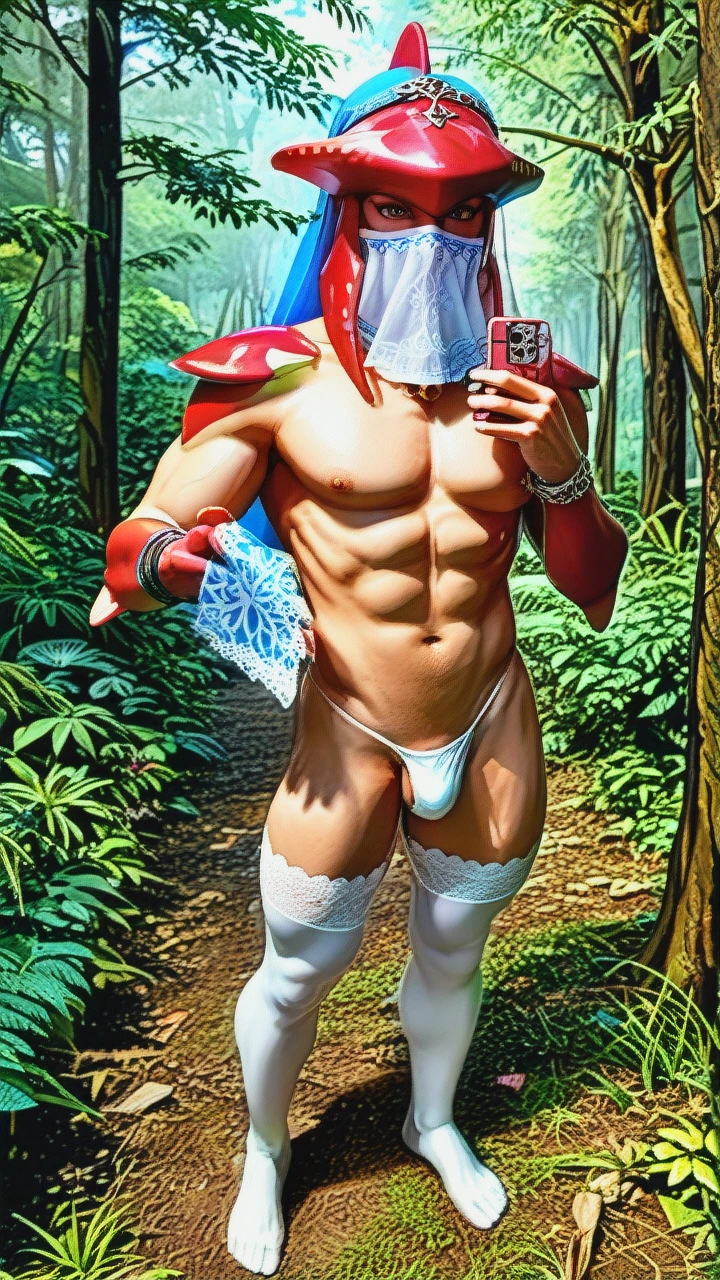 1boy 1femboy 3d link  adorable male veil  mouth lace-trimmed legs wear thick thong thick thighhighs after anal penetration male, sidon(the Legend of Zelda)full bodyselfie,carrying partner forest size difference bare feet