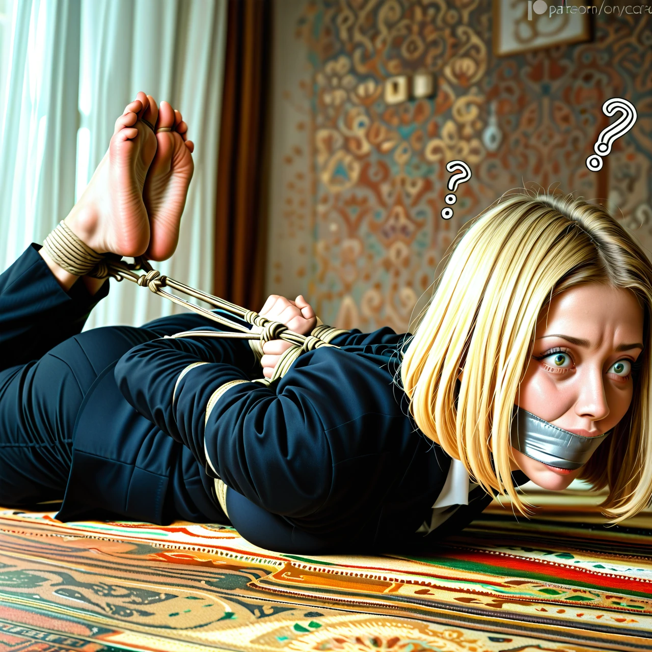 4K, 8K, 1girl, , , , (skinny), mature, milf, bob cut, blonde hair, business suit, black trousers, no shoes, (confused), (wide-eyed), , , , (on_stomach), (bondage), hogtied, (arms_behind_back), tape gag, perfect feet, , , , soles focus, ((face view))