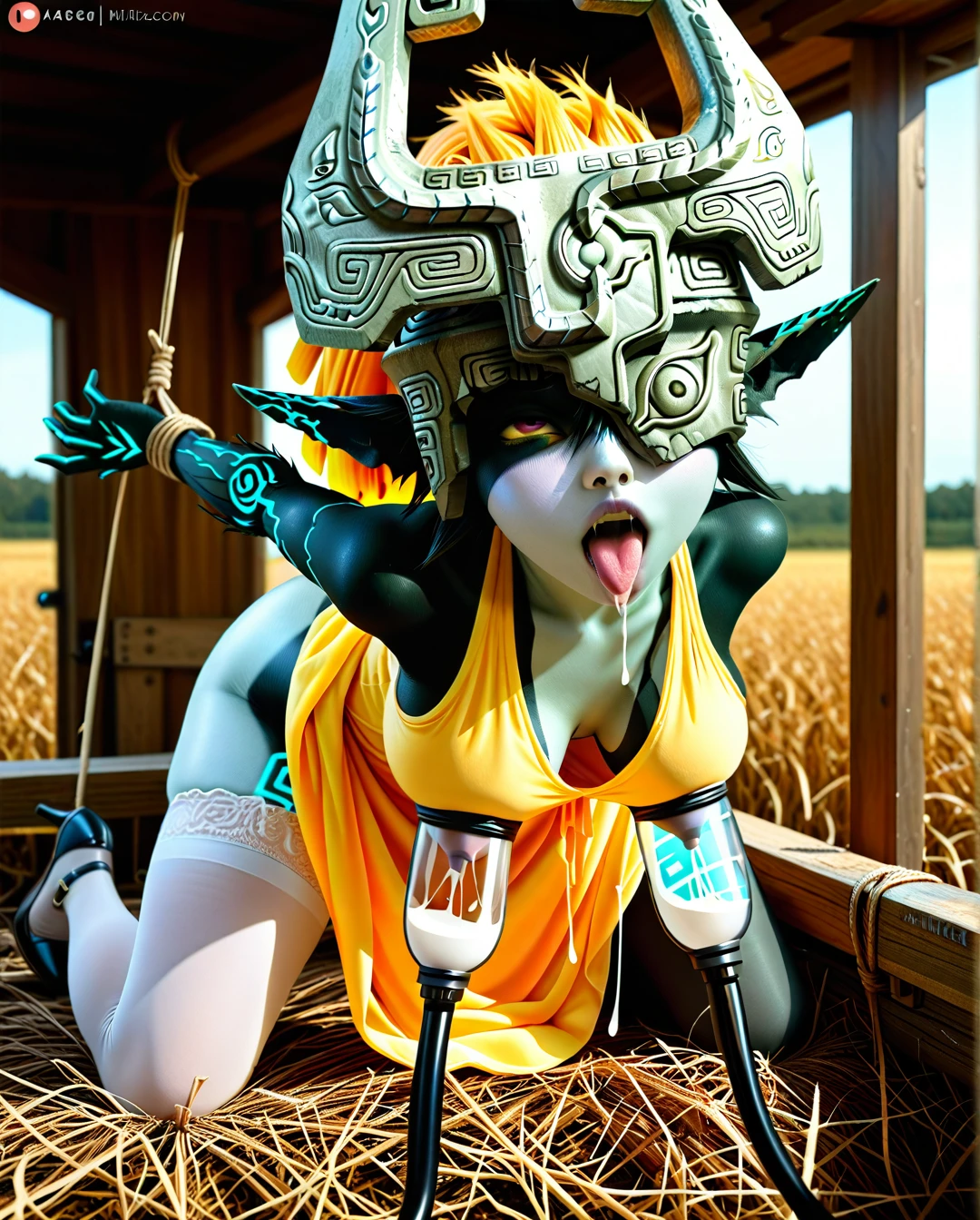 @midna,stockings,high heels,yellow dress,gloves,(lactation),(milking_machine),tied arms,in farm,(ahegao),