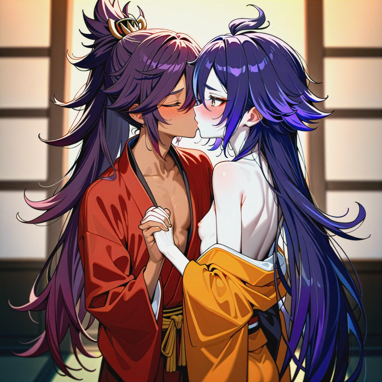 (kissing_neck), genshin impact characters, Banzoin Hakka, dark skin,  boy pale skin, pale boy, boy + girl,  kissing, purple hair , 2nd dark skin girl, (skinny), kimono (kimono_pull), ponitale, banzoin hakka, both visible, (shy), hair, pale male, dark skinned female, blush, (holding_hands), girl with two ponitale, blush girl, very long hair, skinny girl, (presenting)