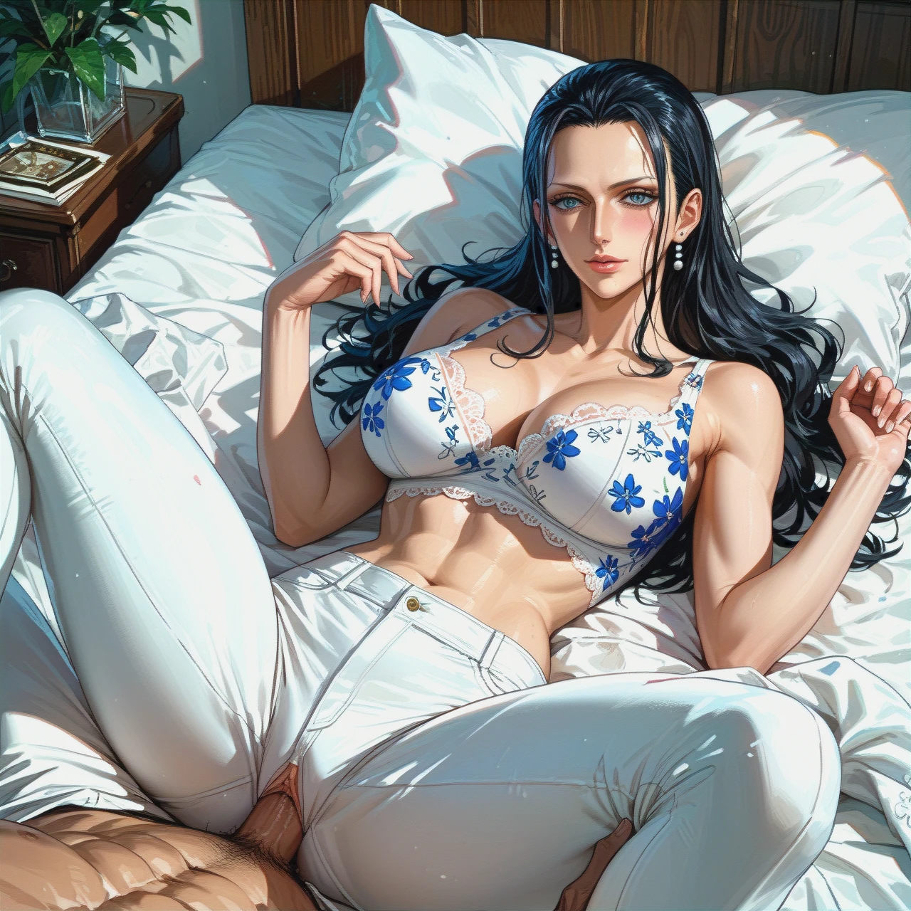 Nico Robin,mature, missionary ,on bed, crop top bra while,white pants,floral