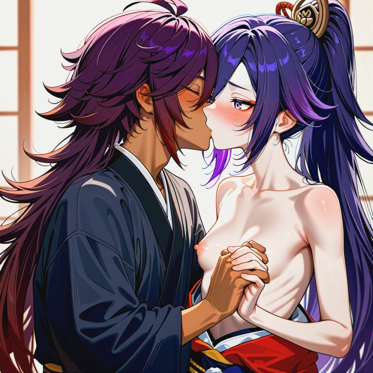 (kissing_neck), genshin impact characters, Banzoin Hakka, dark skin,  boy pale skin, pale boy, boy + girl,  kissing, purple hair , 2nd dark skin girl, (skinny), kimono (kimono_pull), ponitale, banzoin hakka, both visible, (shy), hair, pale male, dark skinned female, blush, (holding_hands), girl with two ponitale, blush girl, very long hair, skinny girl